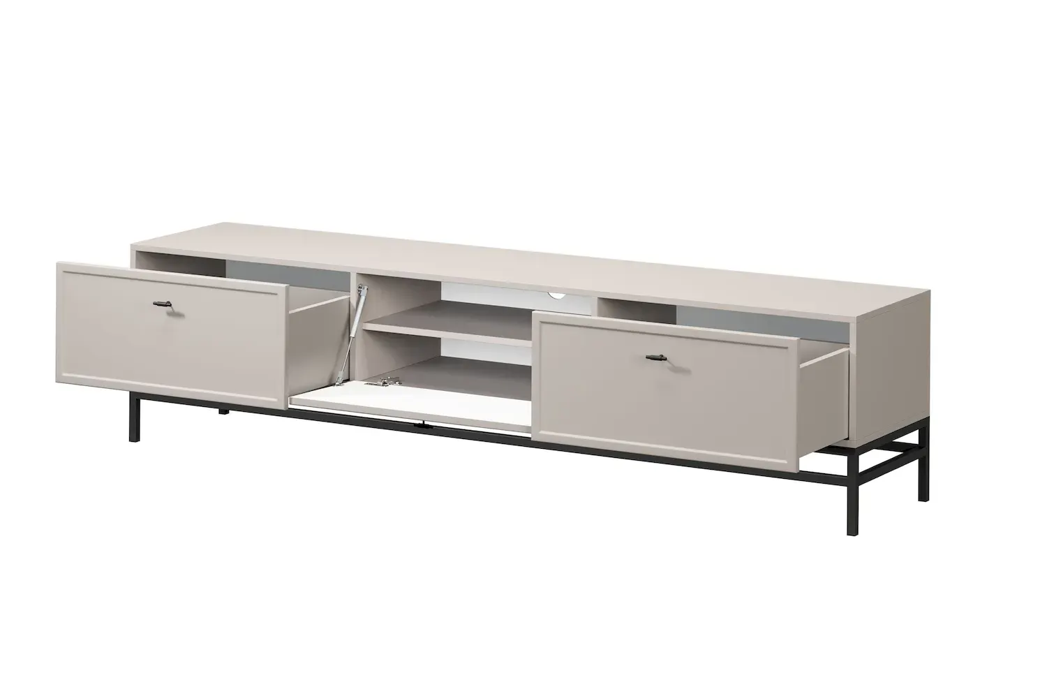 Szafka RTV z klapą i 2 szufladami LORINI 200 - cashmere uchwyt T-bar czarny stelaż czarny - B_166787