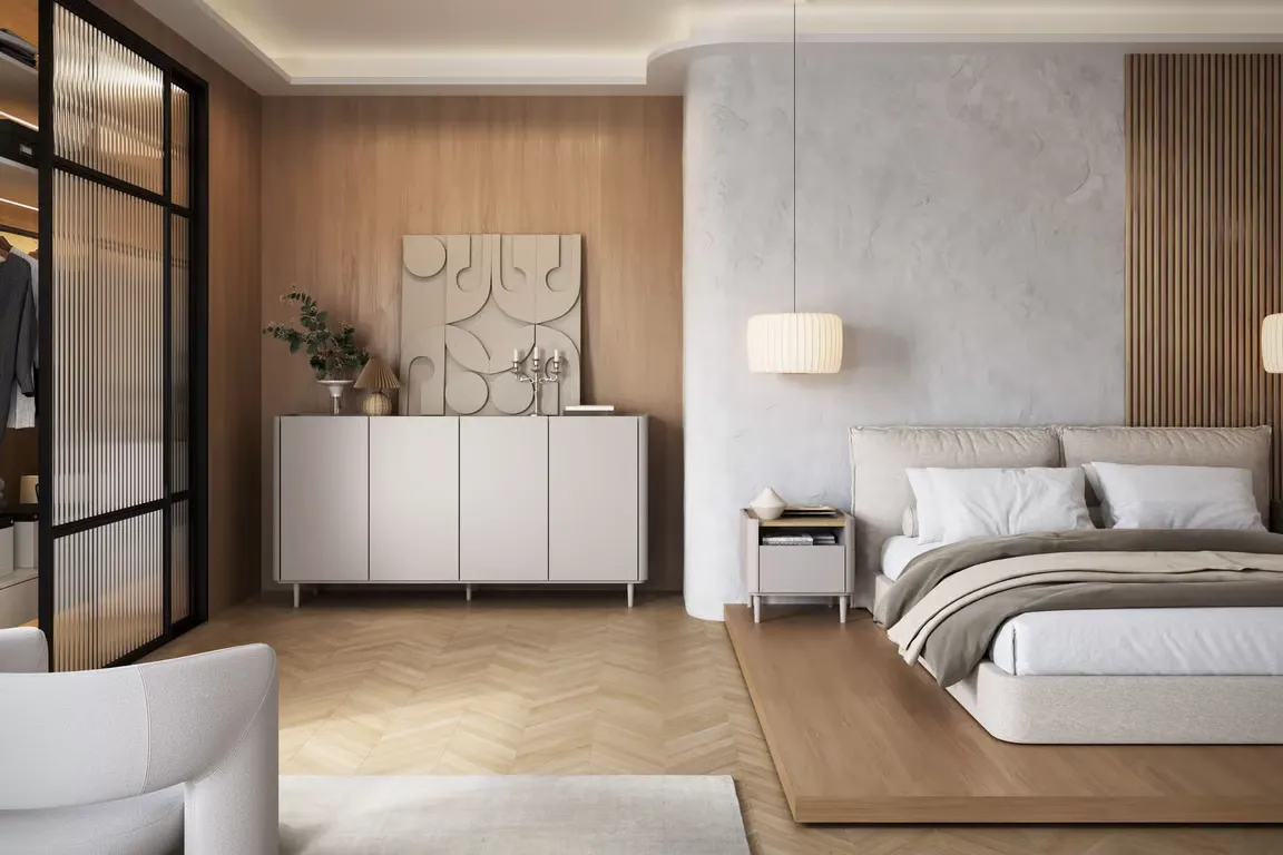 Komoda 4-drzwiowa ELIVO 200cm drewniane nóżki cashmere dąb olejowany — zdjęcie 7
