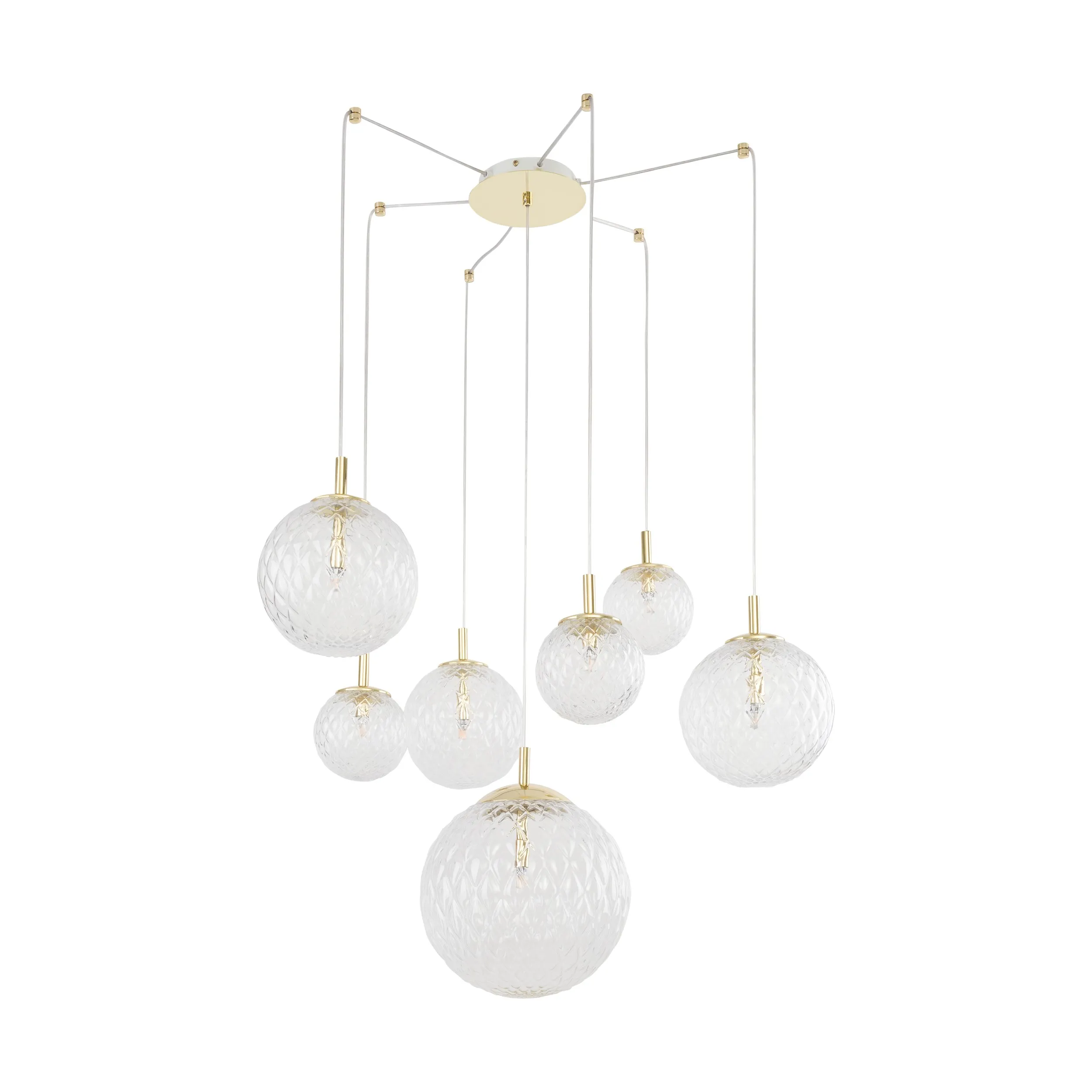 Lampa sufitowa CADIX złota z dodatkowymi podwieszeniami transparentne kryształowe okrągłe klosze w różnych rozmiarach 500x200cm - TK_4608