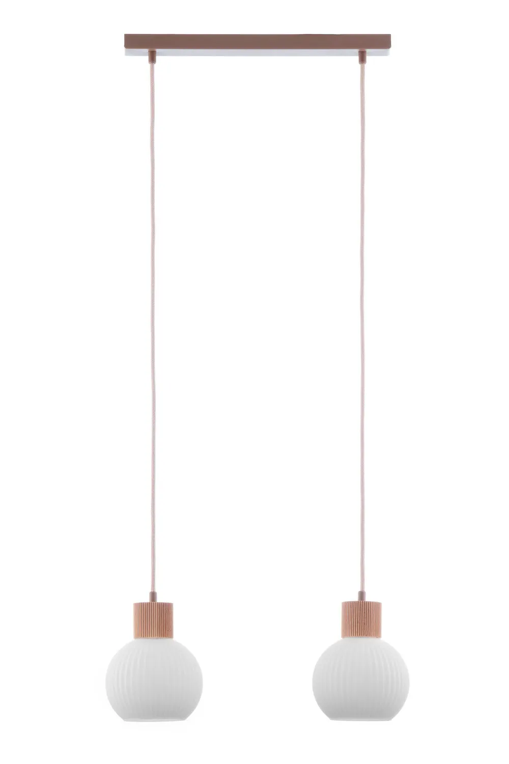lampa wisząca, podwójna lampa, kula ceramiczna, biała lampa, drewniane wykończenie