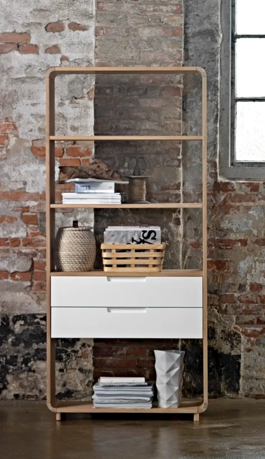 Regał wysoki AMALFI z 2 szufladami - biały, dąb naturalny - UN_36382231