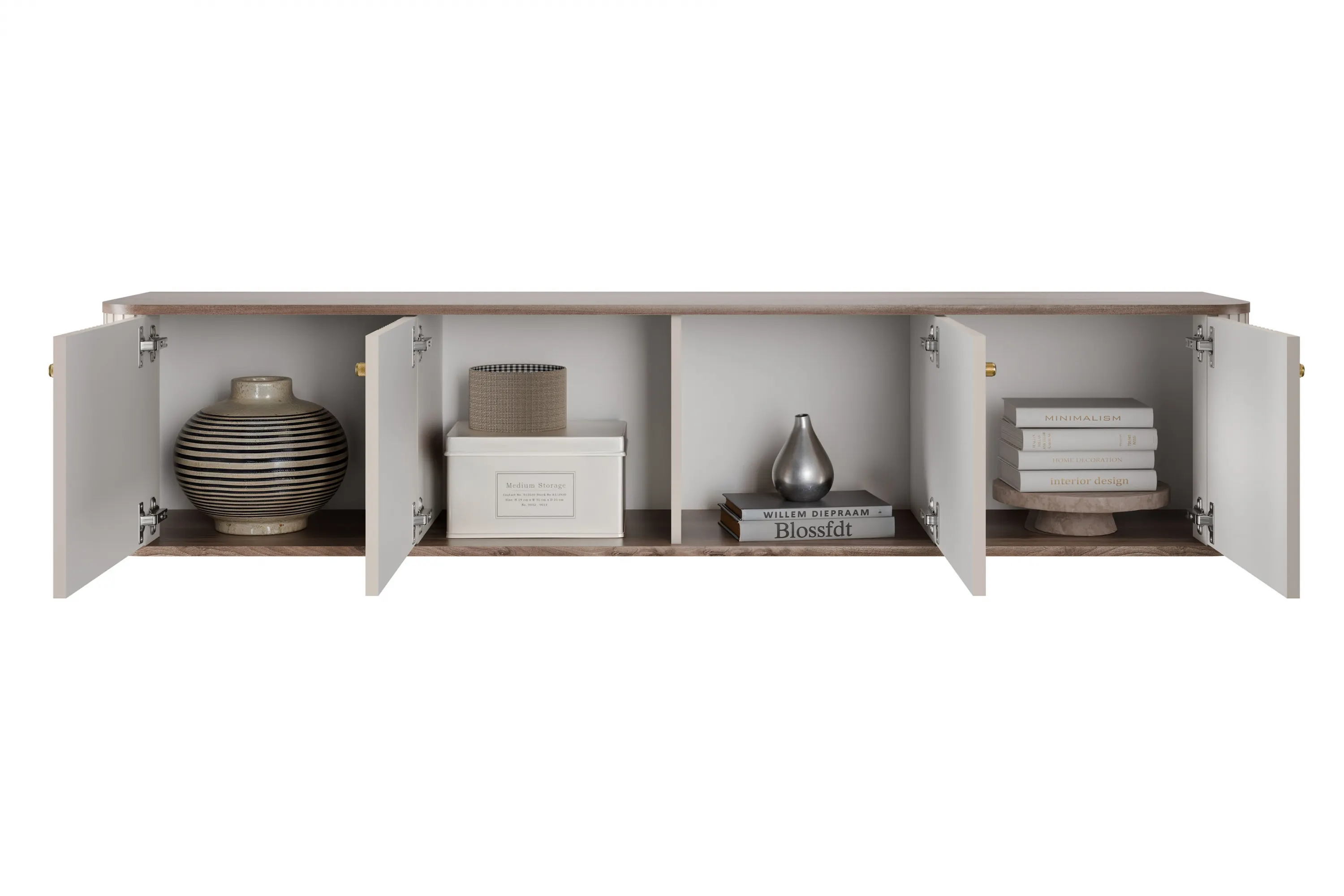 Szafka RTV wisząca 4-drzwiowa VESPER RTV 187 ryflowany front cashmere orzech złote uchwyty - B_163753