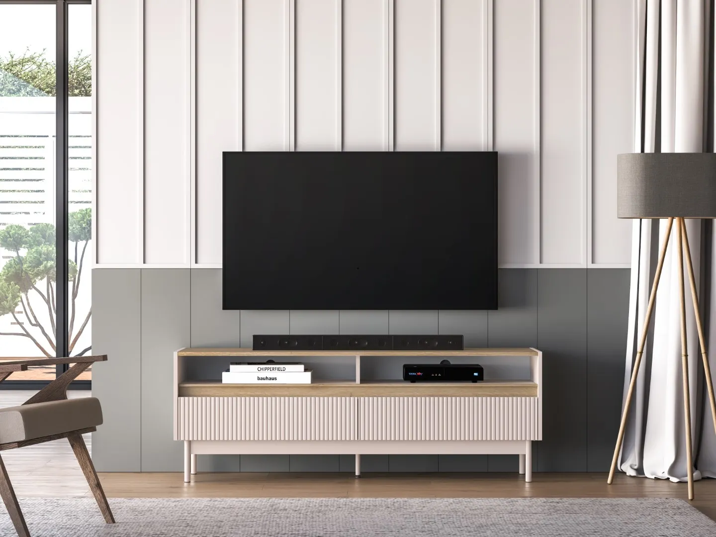 Szafka RTV z szufladami DUNEA 154x55 ryflowana kaszmir - dąb cremona — zdjęcie 7