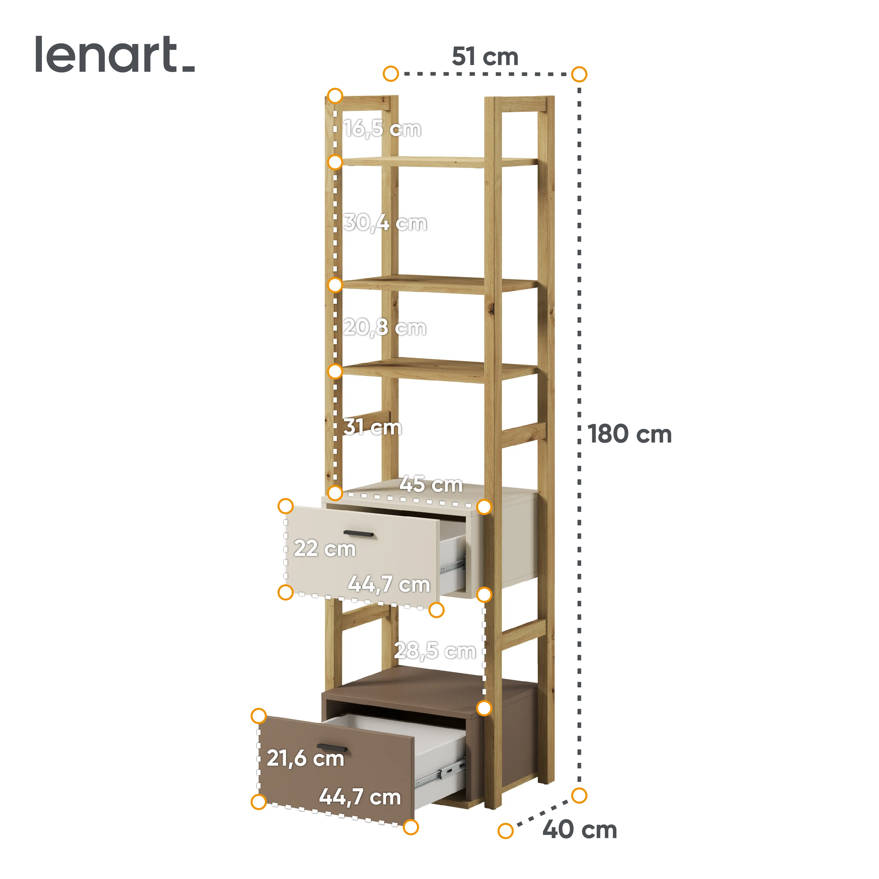 Regał Lenny LY-03 51cm dąb artisan/beż/truflowy