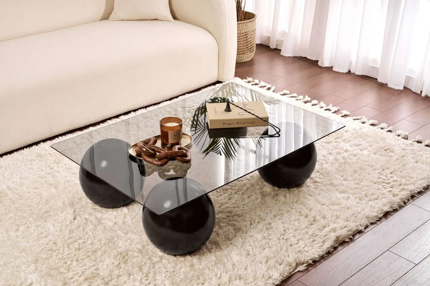 Stolik kawowy SERA 75x110 cm nogi czarne kule blat szklany szary - ASI_857NRD1122