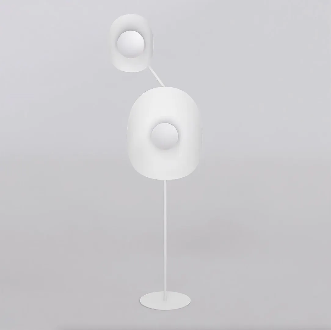 lampa stojąca, biała, nowoczesna, geometryczny design, metalowy stelaż