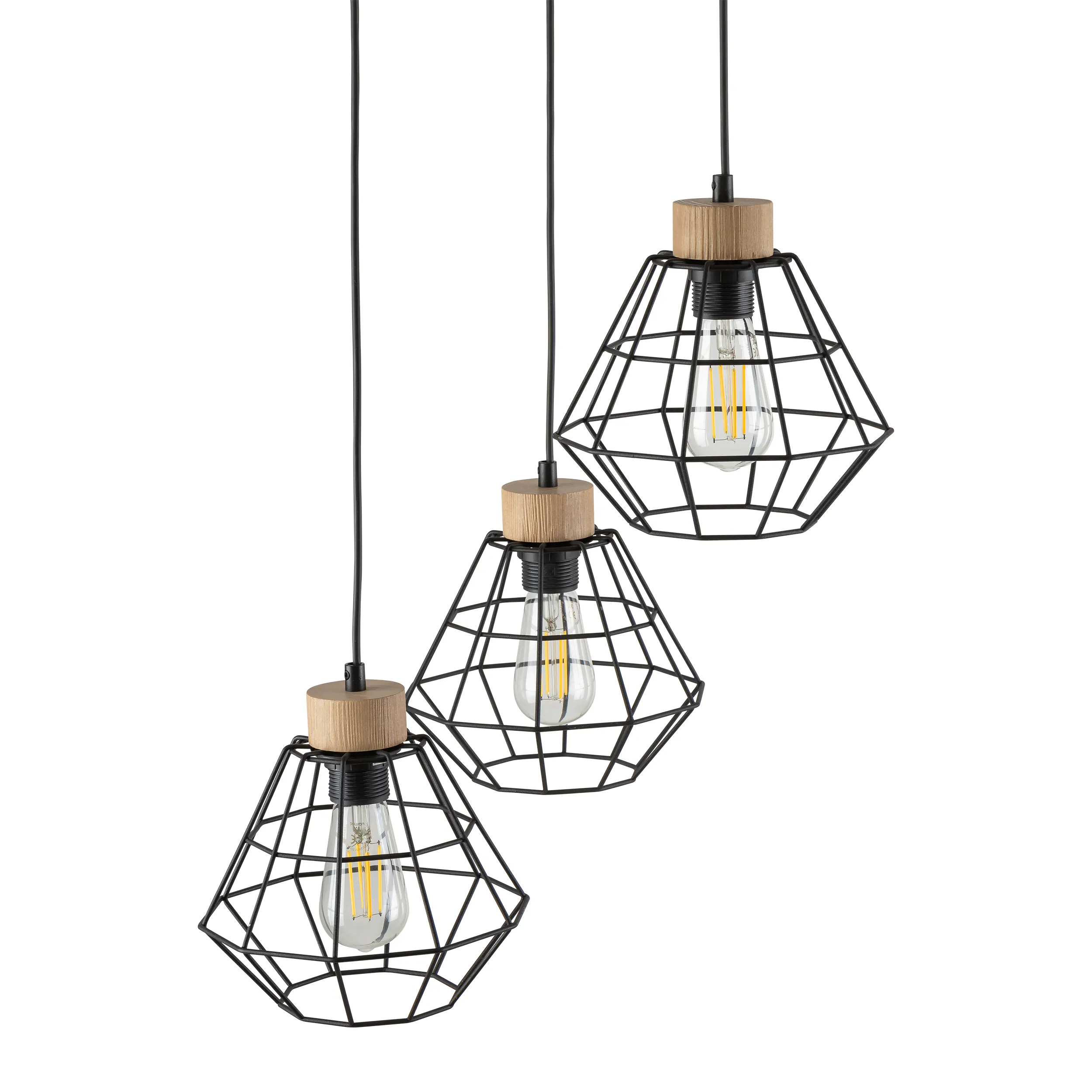Lampa wisząca RAFAEL czarna z drewnianym elementem potrójna 90x45cm - TK_4625