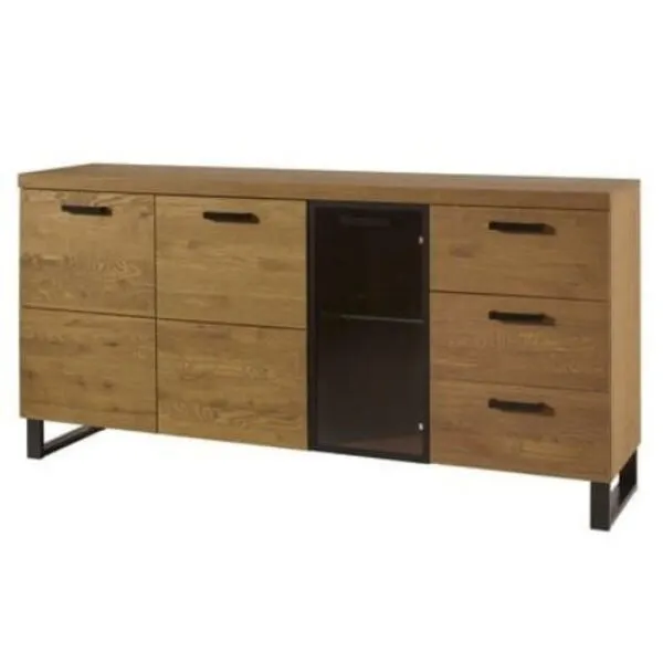 Komoda 3-drzwiowa z szufladami PRATTO 47 drewniana z przeszkleniem dąb rustical czarny 180x90x42cm Komoda 3-drzwiowa z szufladami PRATTO 47 drewniana z przeszkleniem dąb rustical czarny 180x90x42cm