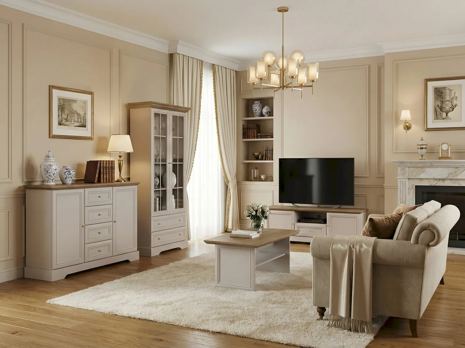 salon, meble drewniane, kolor beżowy, sofa kompaktowa, telewizor