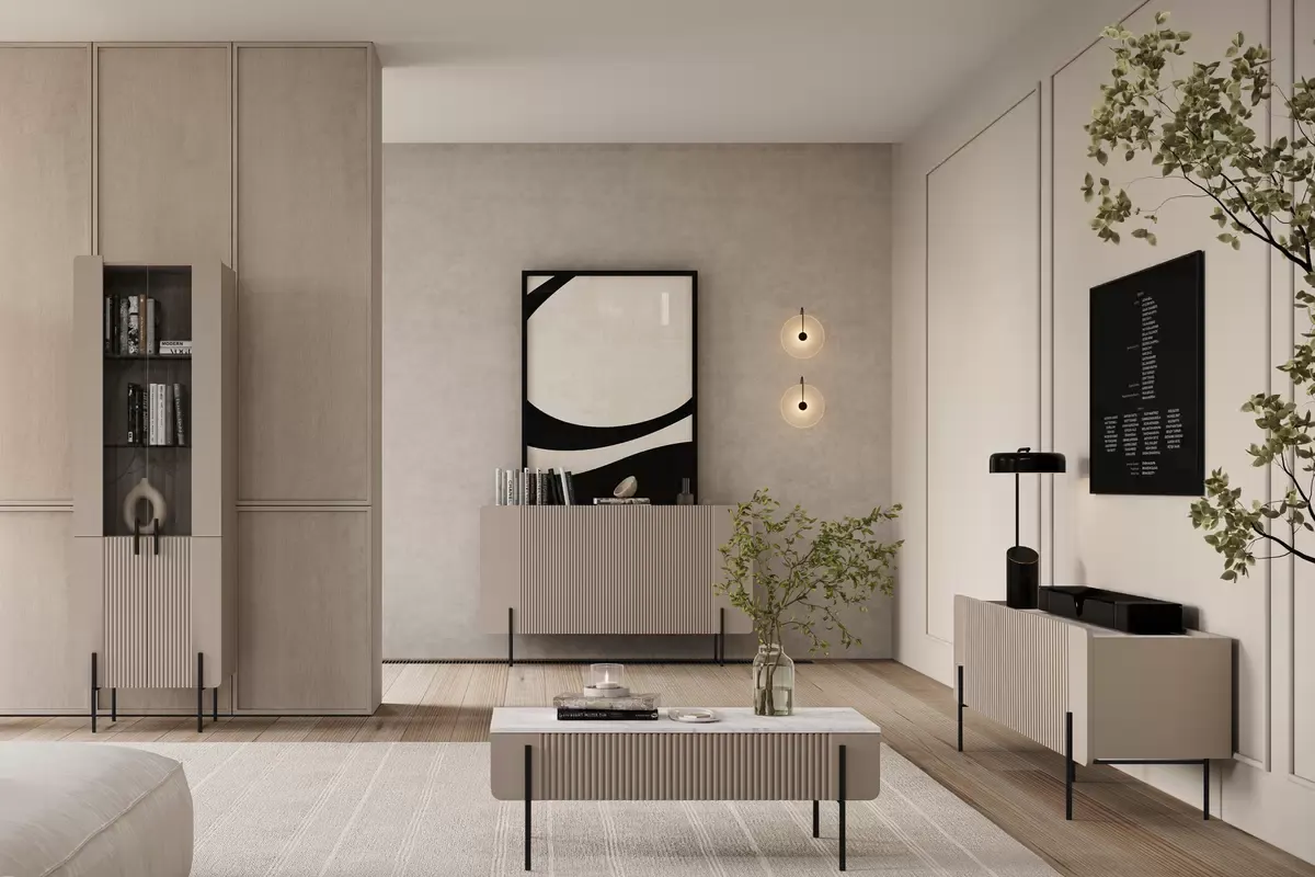 MALMI Komoda 150 3D - cashmere / crema bianca / czarne nogi - B_162296