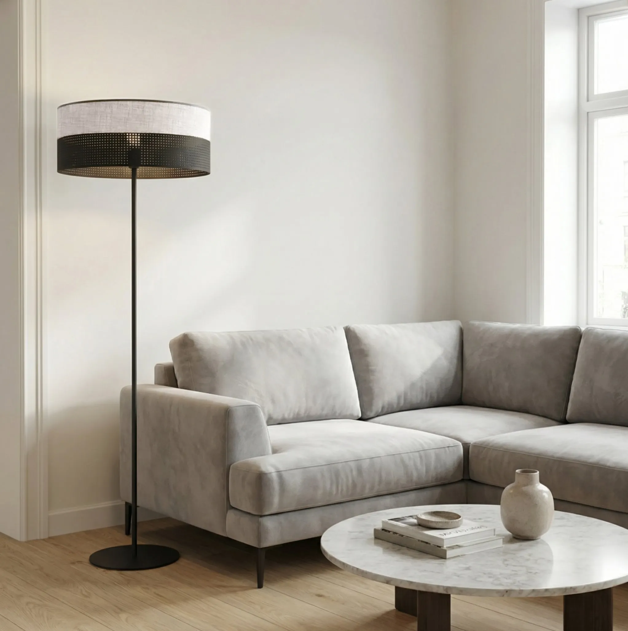 sofa, sofa narożny?, szary, salon, stolik kawowy