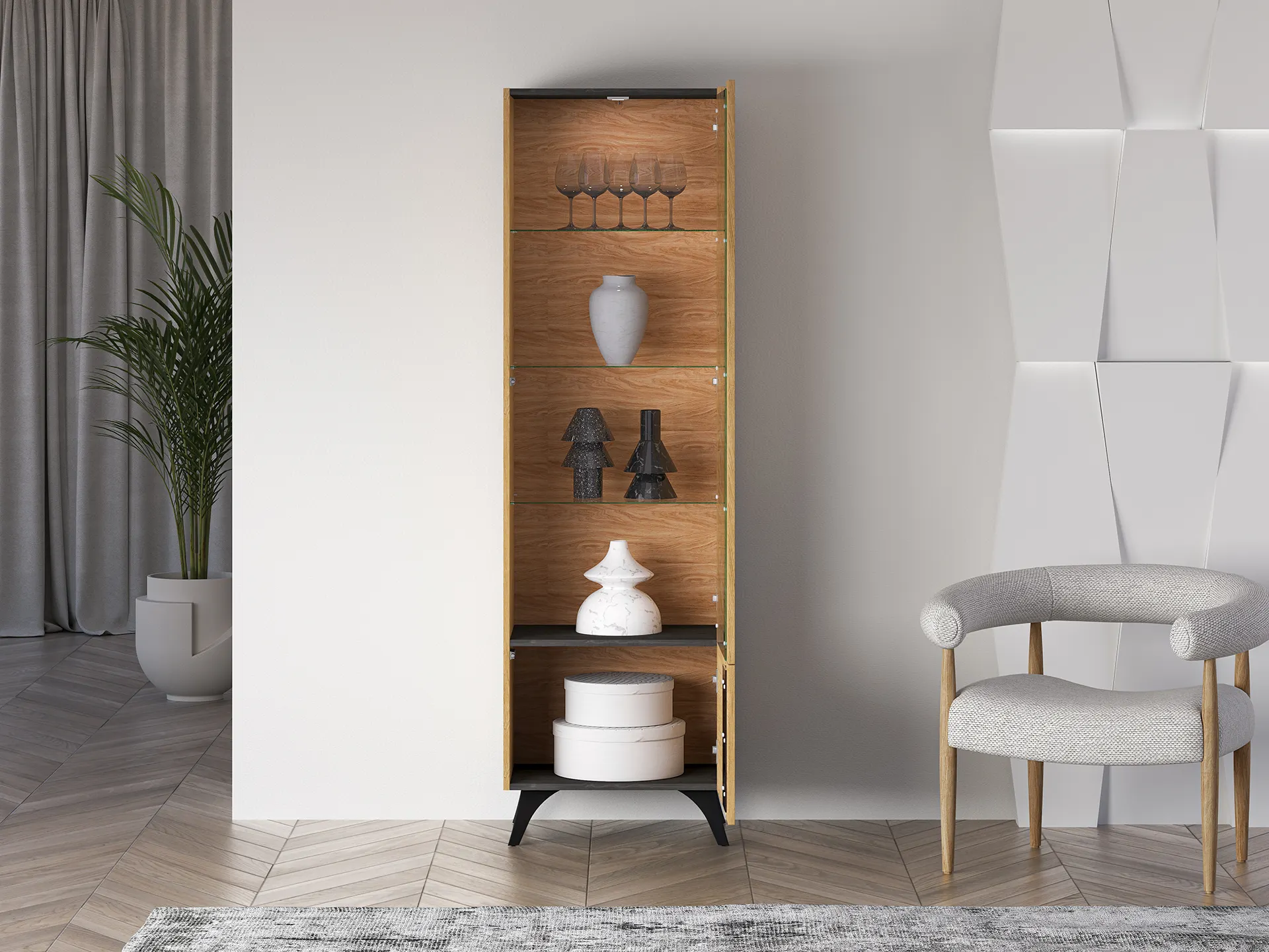 Witryna 1-drzwiowa TOSCANIA 02 prawa dąb baltic dune jesion prestige czarny - 1TOSC02P-001