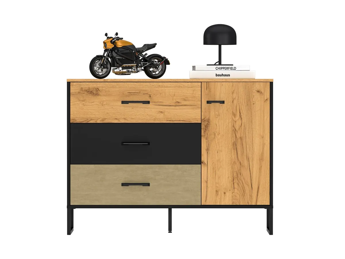 Komoda 1-drzwiowa z 3 szufladami Colt 06 dąb craft złoty, czarny, stal premium - 1COLT06-001