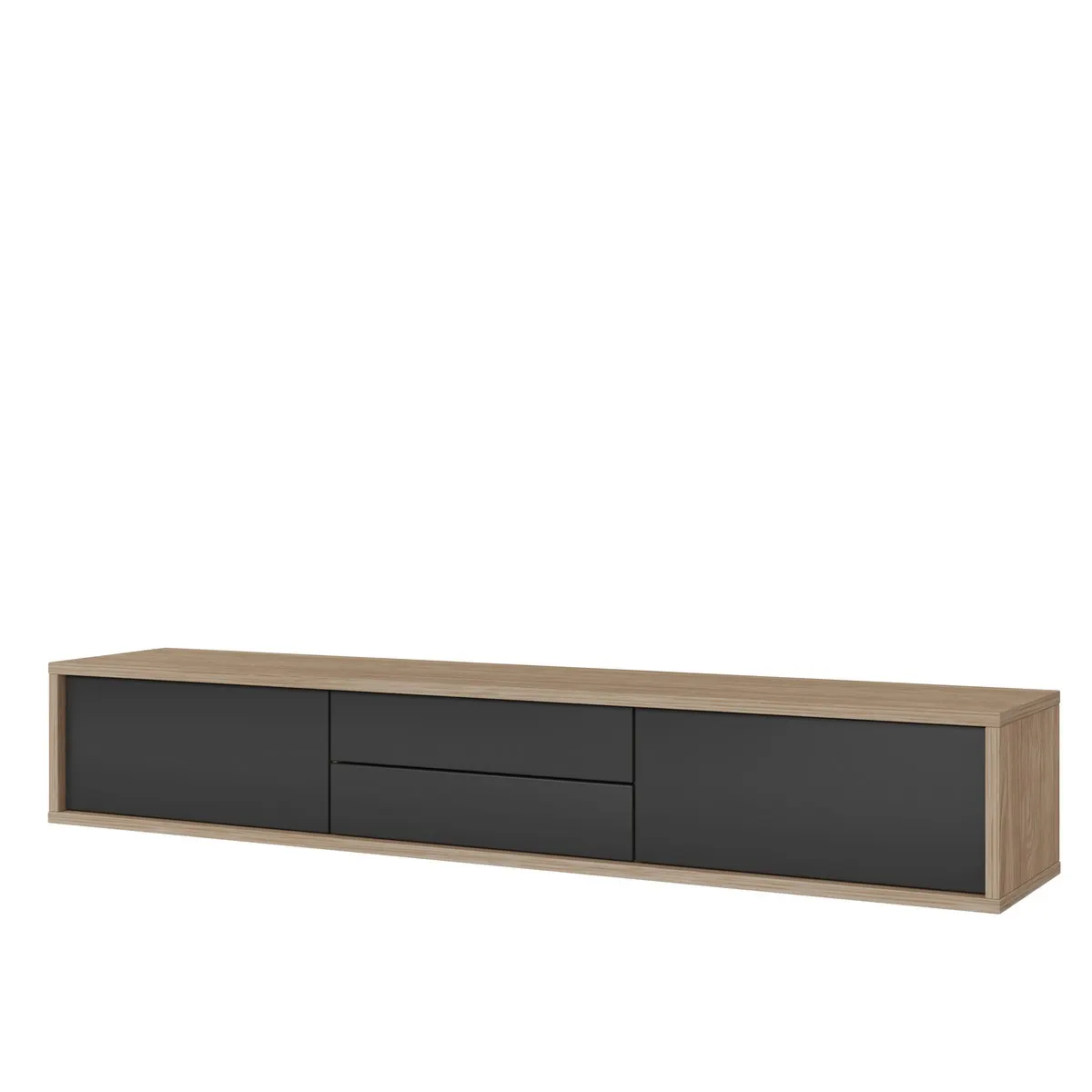 Szafka RTV FRIDA z opcją podwieszenia 2-drzwiowa z 2 szufladami dąb olejowany antracyt 180x36x32cm Szafka RTV FRIDA z opcją podwieszenia 2-drzwiowa z 2 szufladami dąb olejowany antracyt 180x36x32cm