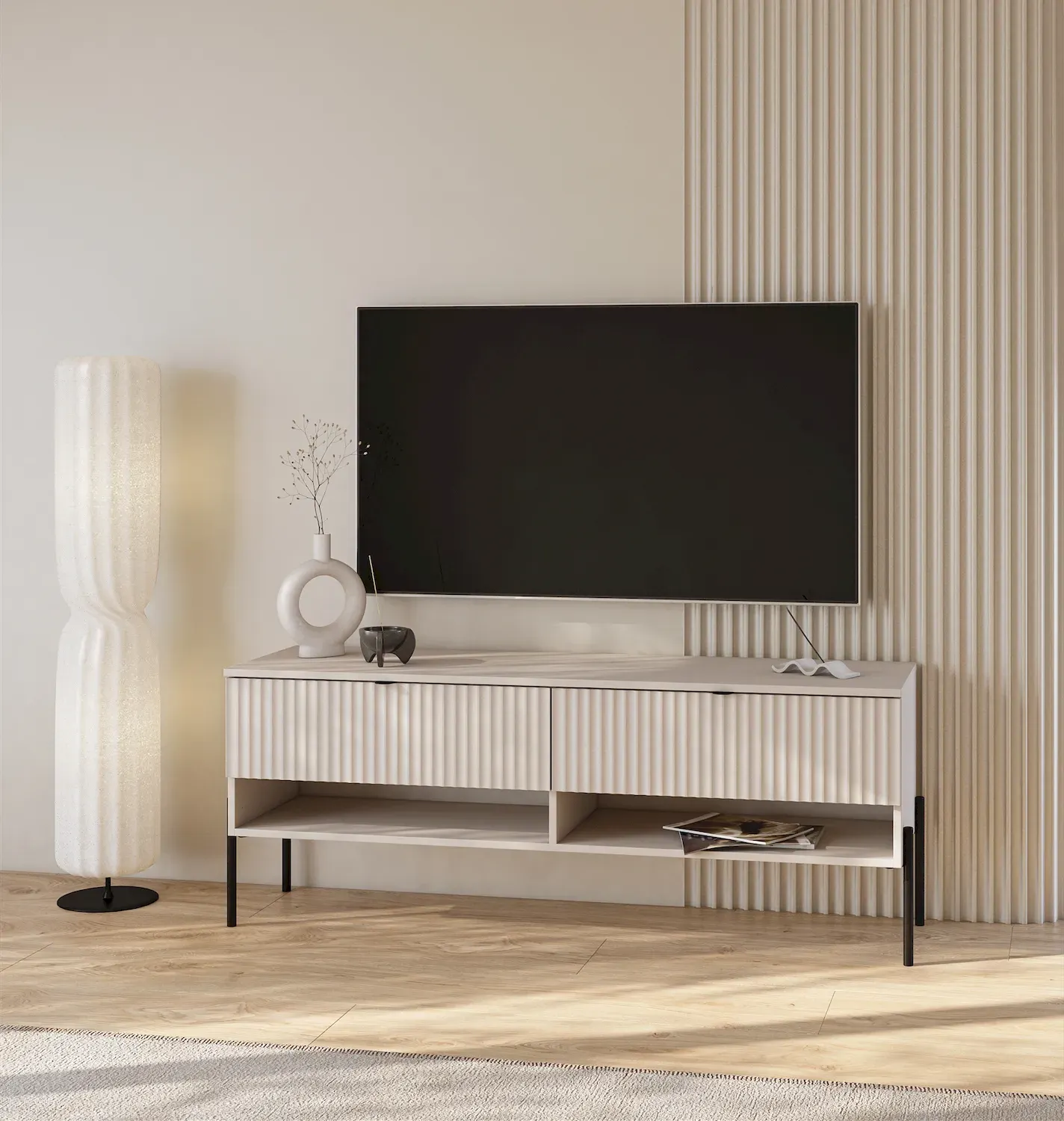 Szafka RTV z 2 szufladami ORE 140 cm kaszmir czarne nóżki - 24KROG41