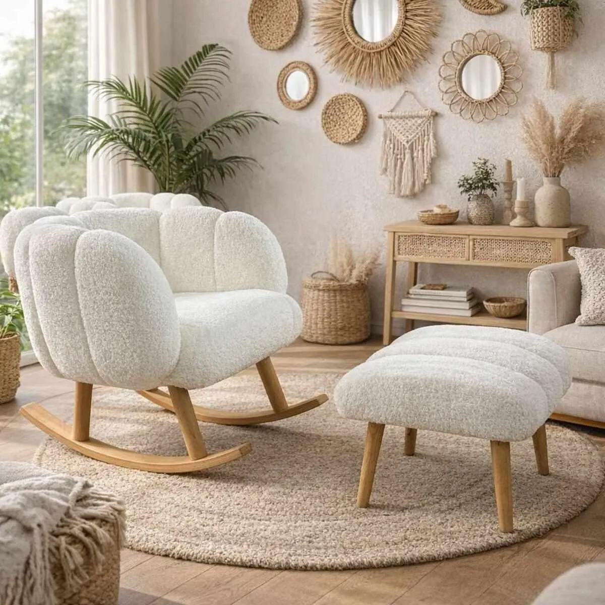 fotel bujany, fotel z podnóżkiem, sofa lounge, drewniane nóżki, dywan okrągły