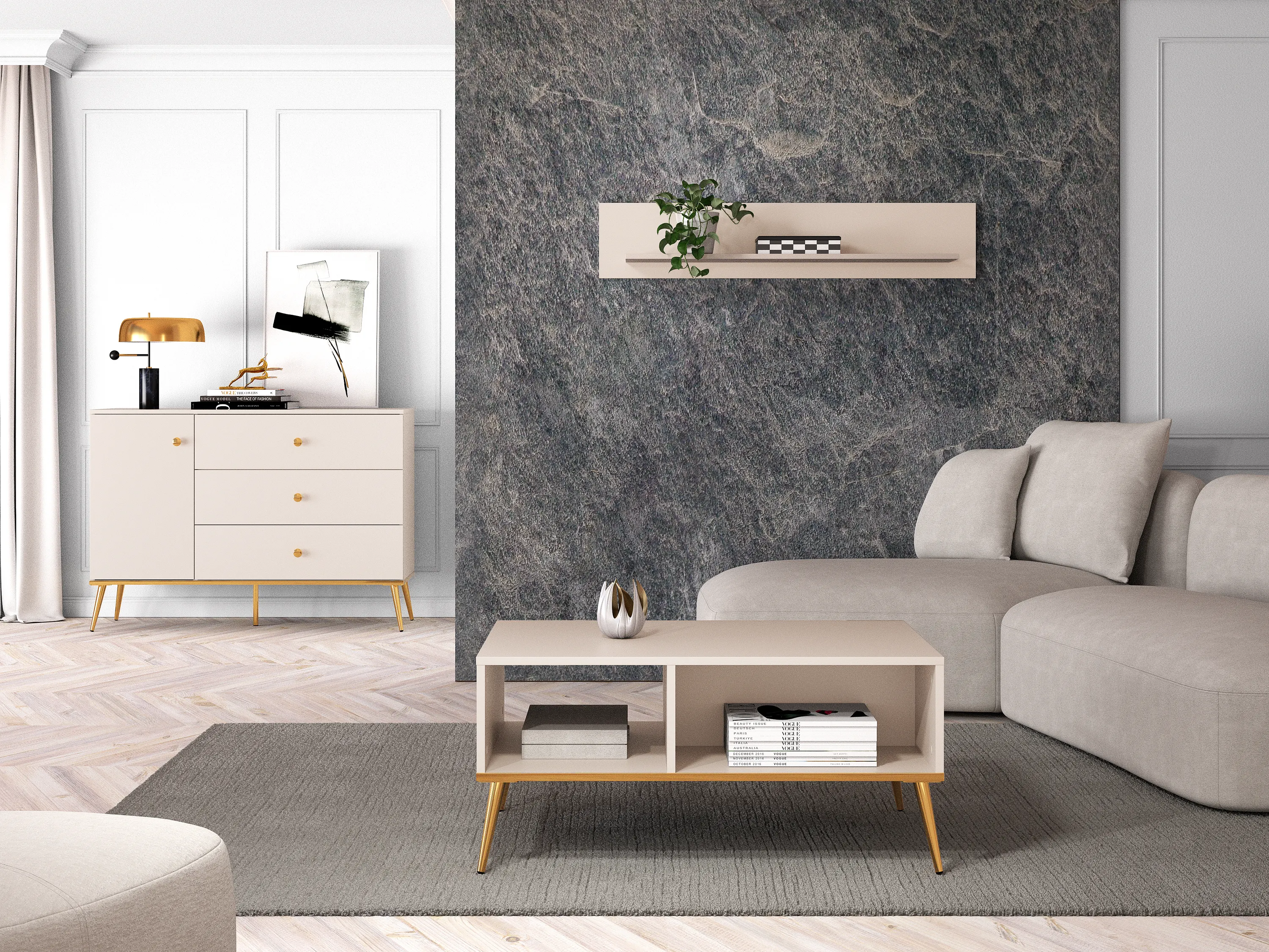 Stolik kawowy z półką SELGIN 07 kaszmirowy, złoty - 1SELG07-001