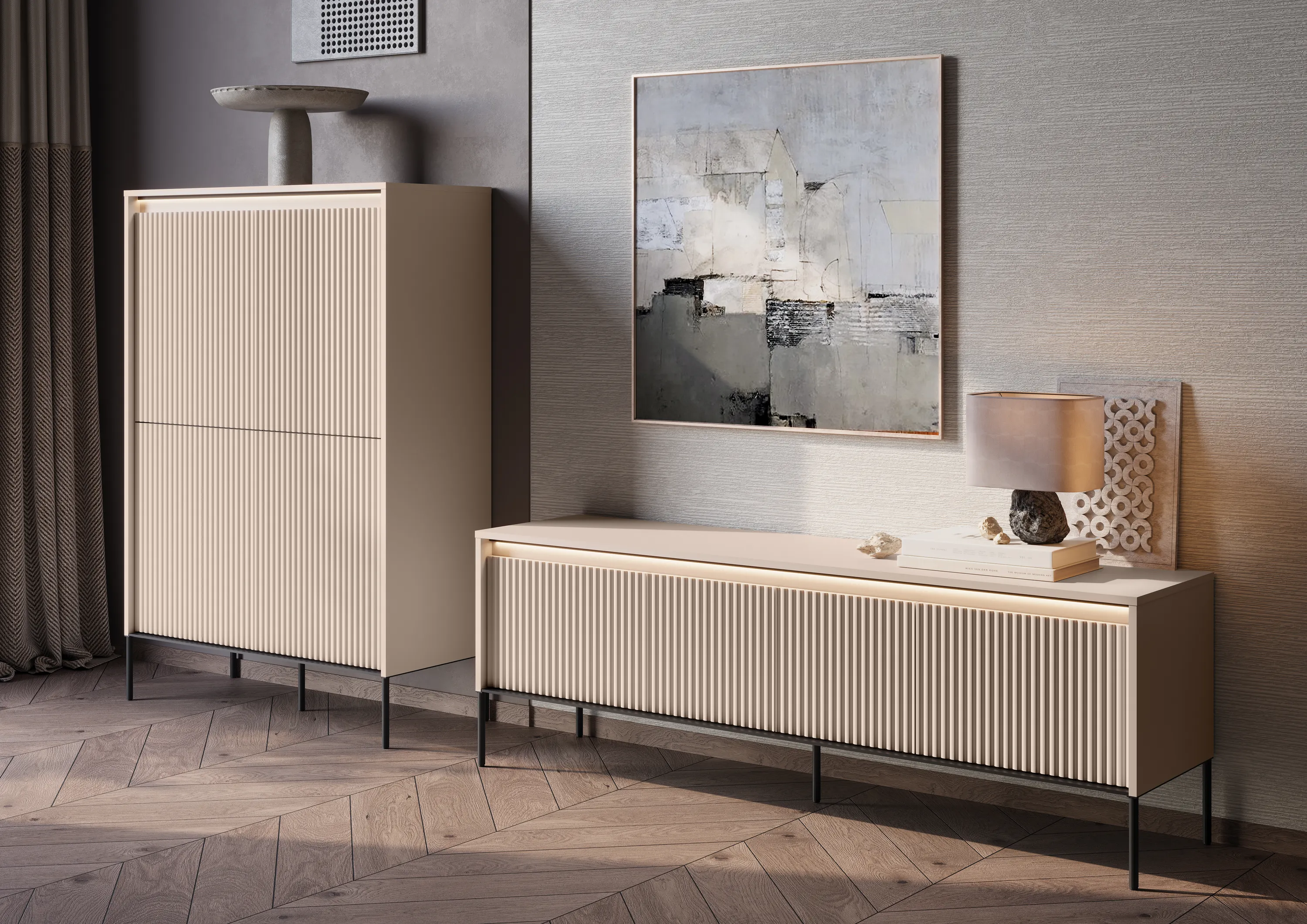 Szafka RTV z oświetleniem ryflowana TREND TR-05 4D 166cm - beż piaskowy/czarny — zdjęcie 10
