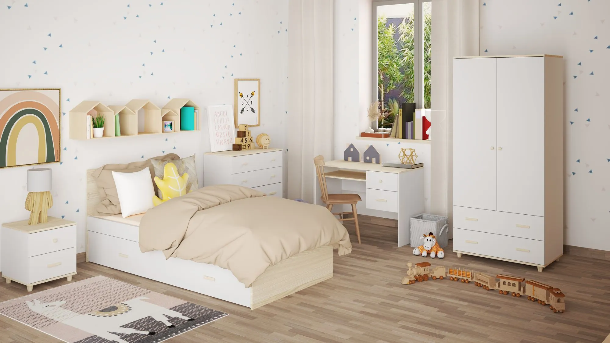 Szafa 2-drzwiowa z 2 szufladami i drążkiem GOODY drewniane uchwyty i nóżki biały akacja - INT_5002812