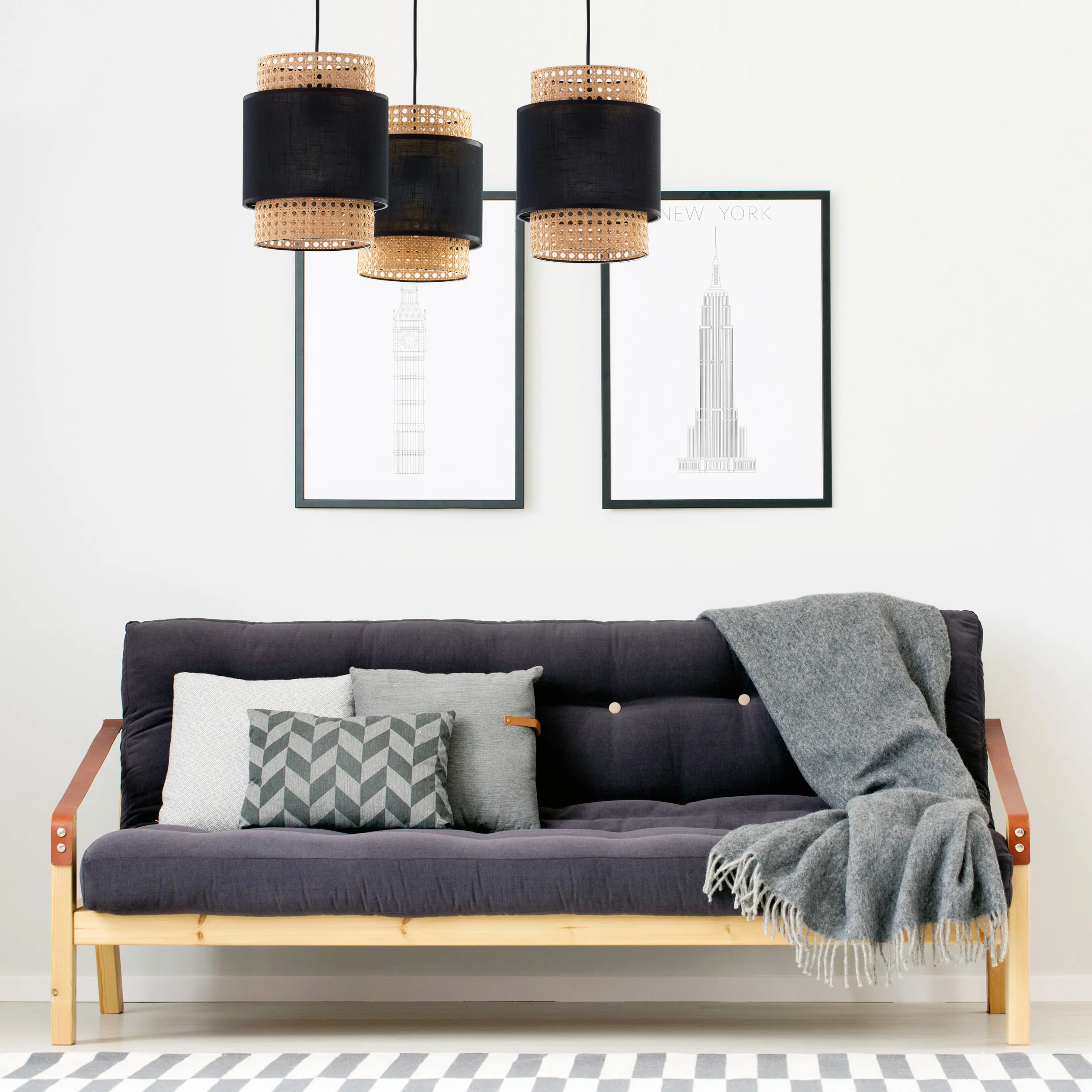 Lampa wisząca BOHO czarna z rattanowymi brązowymi elementami dodatkowo podwieszana 130x70cm - TK_6549