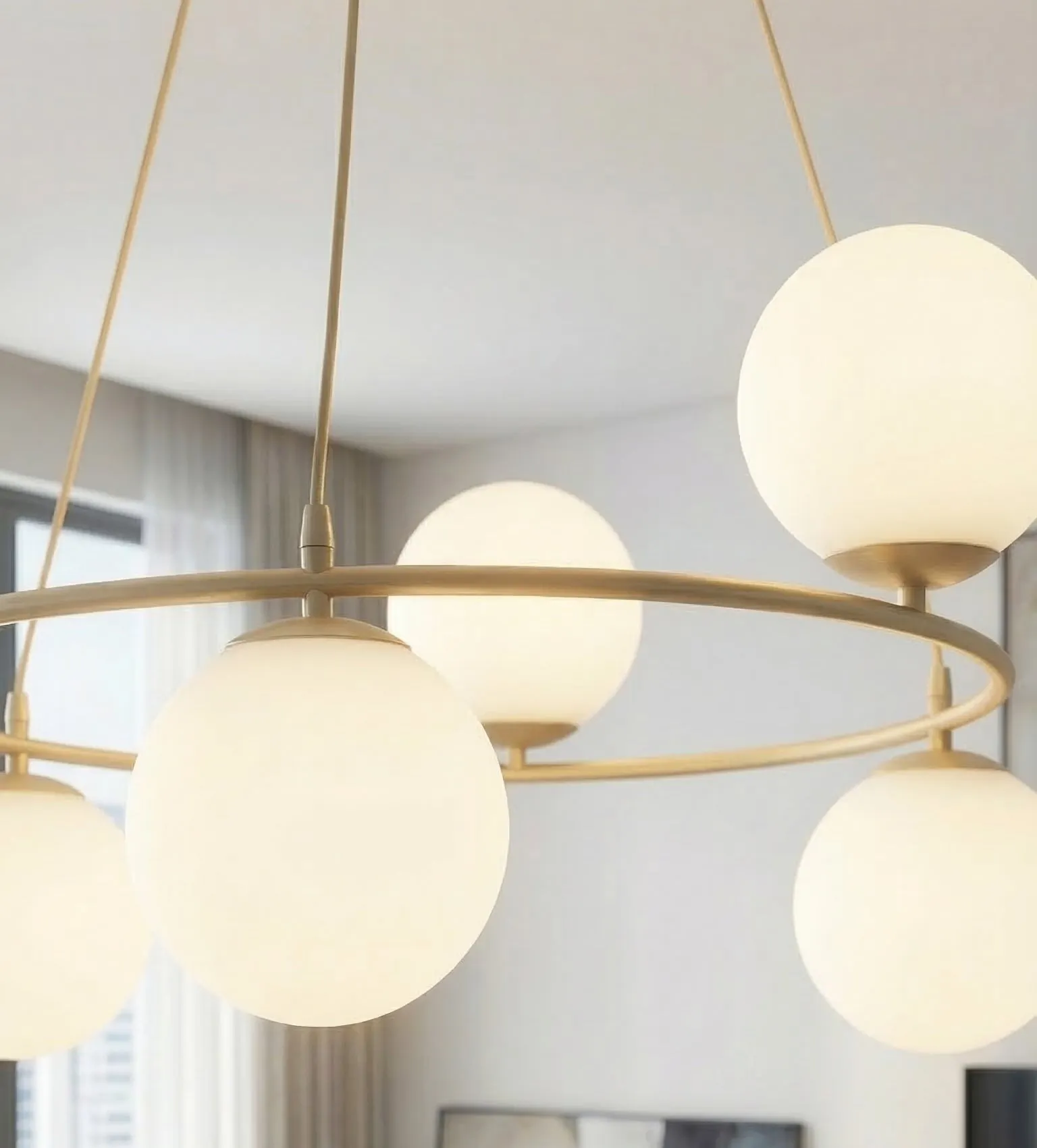 lampa wisząca, kule LED, oświetlenie, metalowa rama, beczkowe żarówki