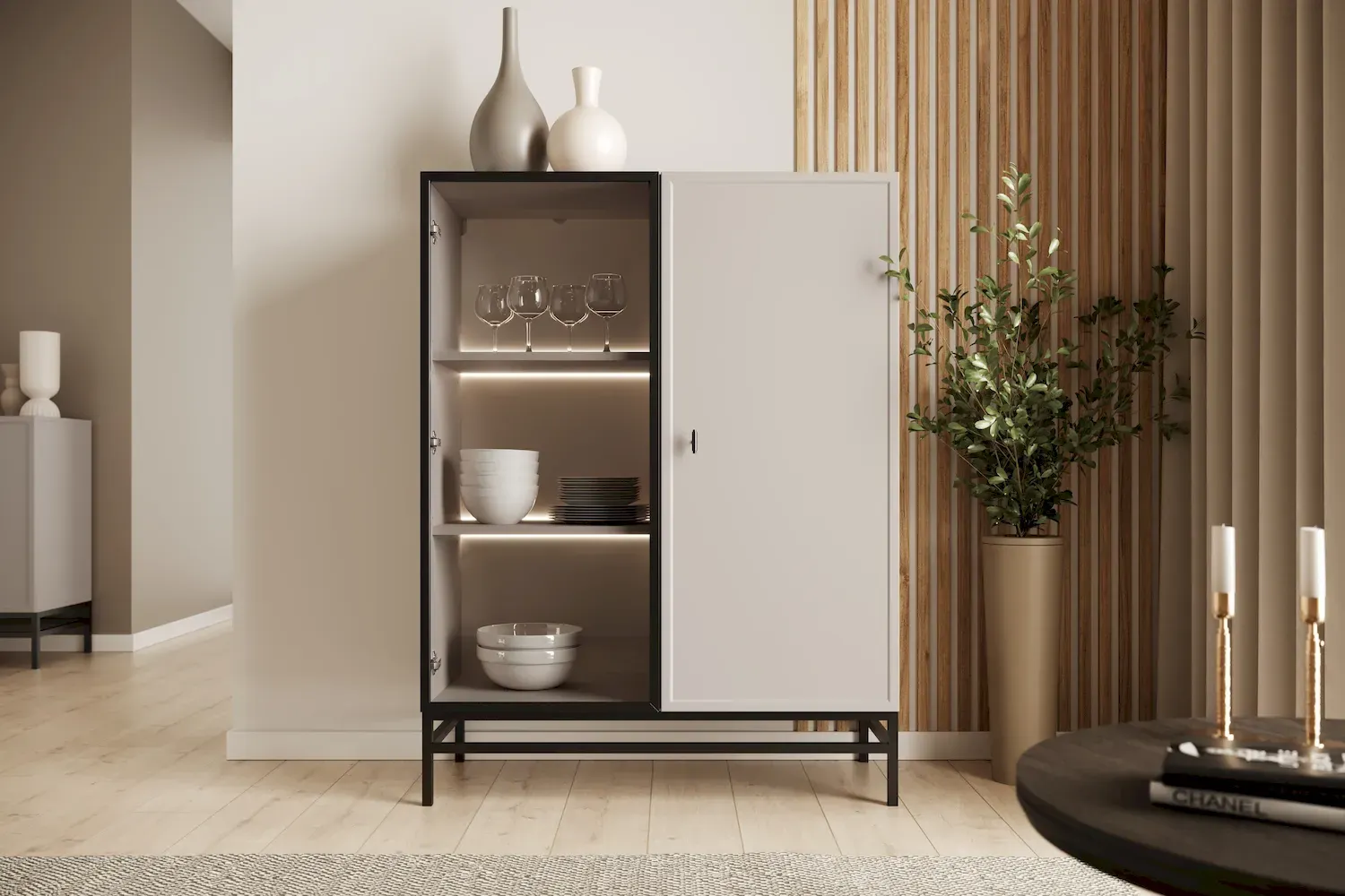 Witryna 2-drzwiowa LORINI 100 oświetlenie LED szkło Antosol - cashmere uchwyt T-bar czarny stelaż czarny - B_166738