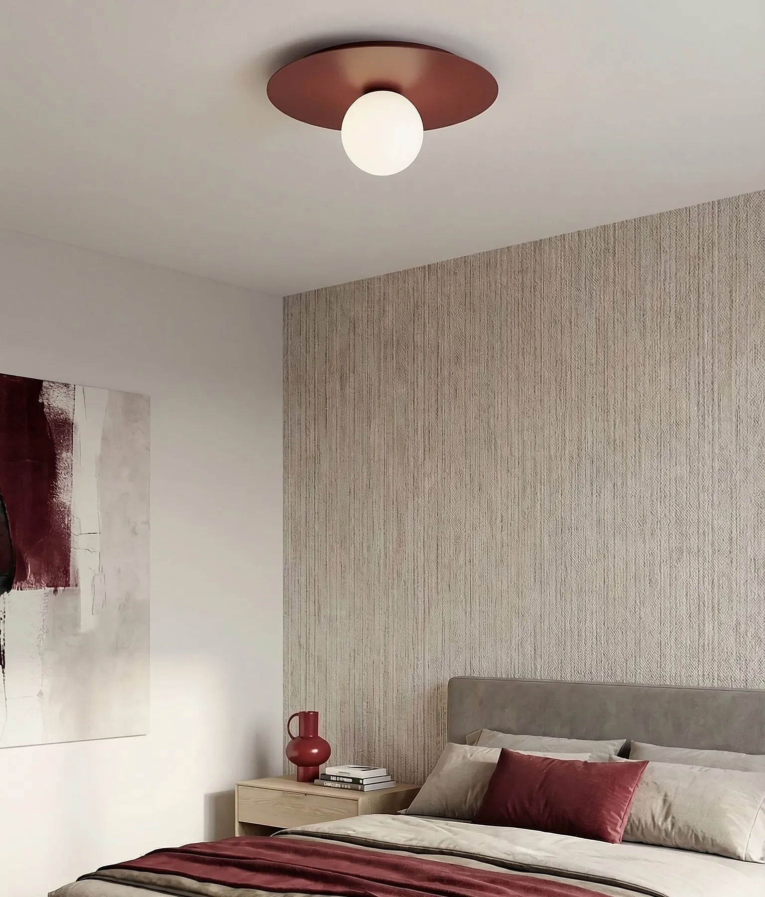 lampa sufitowa, kinkiet sufitowy, biała lampa, pokój sypialny, kolor czerwony