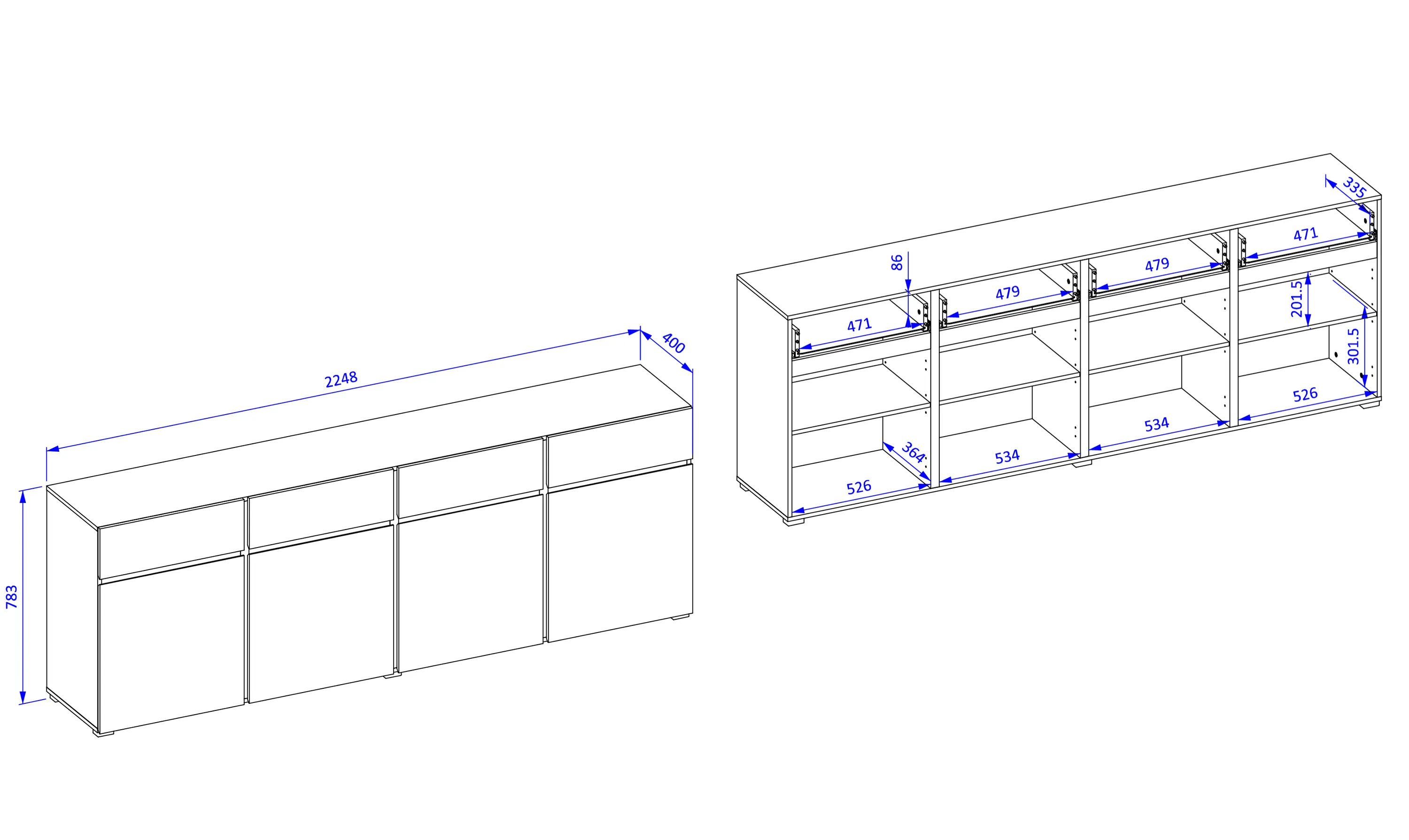 Komoda 4-drzwiowa z szufladami CROSS 225 cm zielona - 24GWMY25