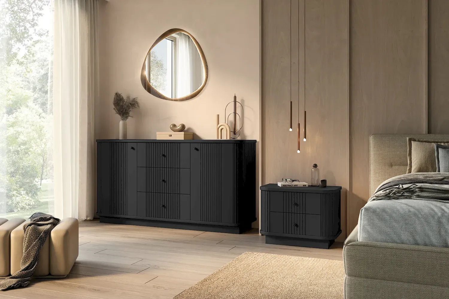 Komoda 2-drzwiowa z 3 szufladami VESPER 160 ryflowany front - czarny czarne uchwyty cokół - B_169444