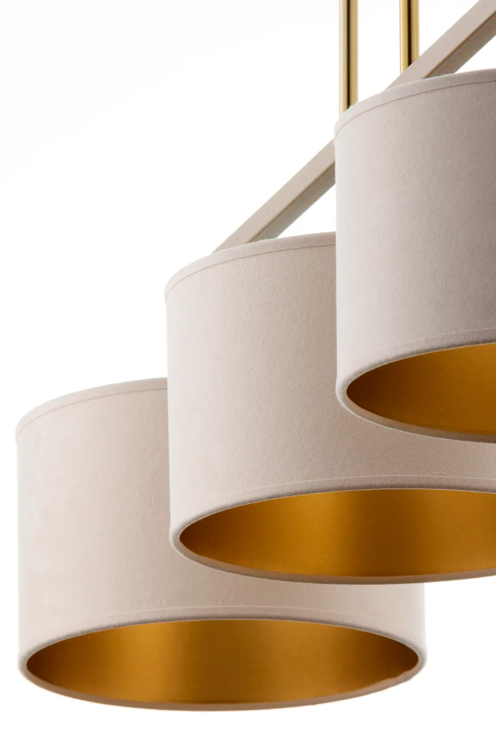 lampa wisząca, pontony cylindryczne, bawełniany abażur, kolor beżowy, metalowy uchwyt