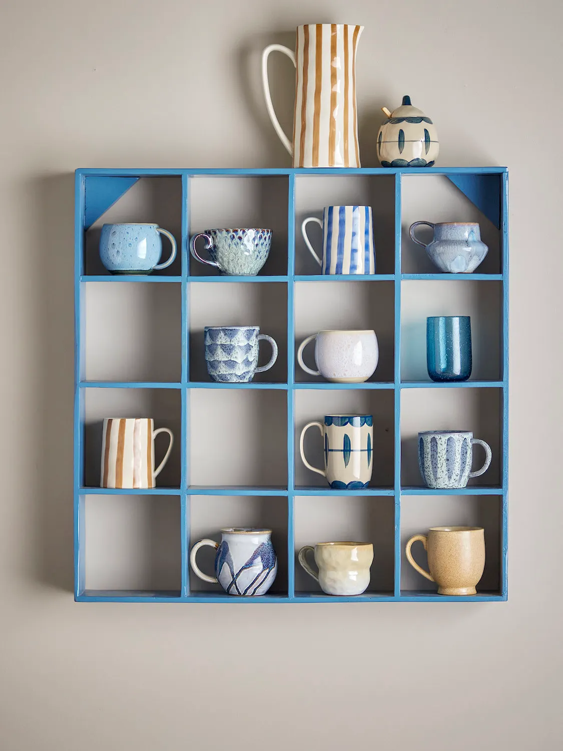 image mug, ceramic mug, blue mug, shelf, kitchenware