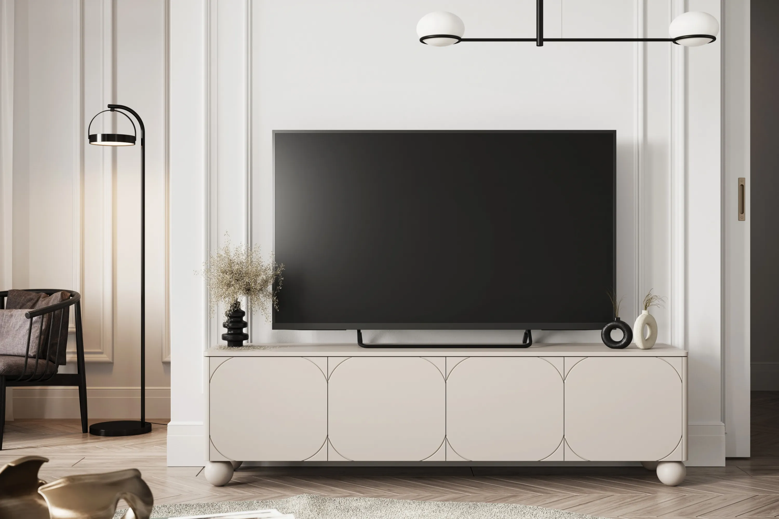 Szafka RTV 4-drzwiowa z 2 szufladami SONATIA 200cm cashmere nogi kule — zdjęcie 6