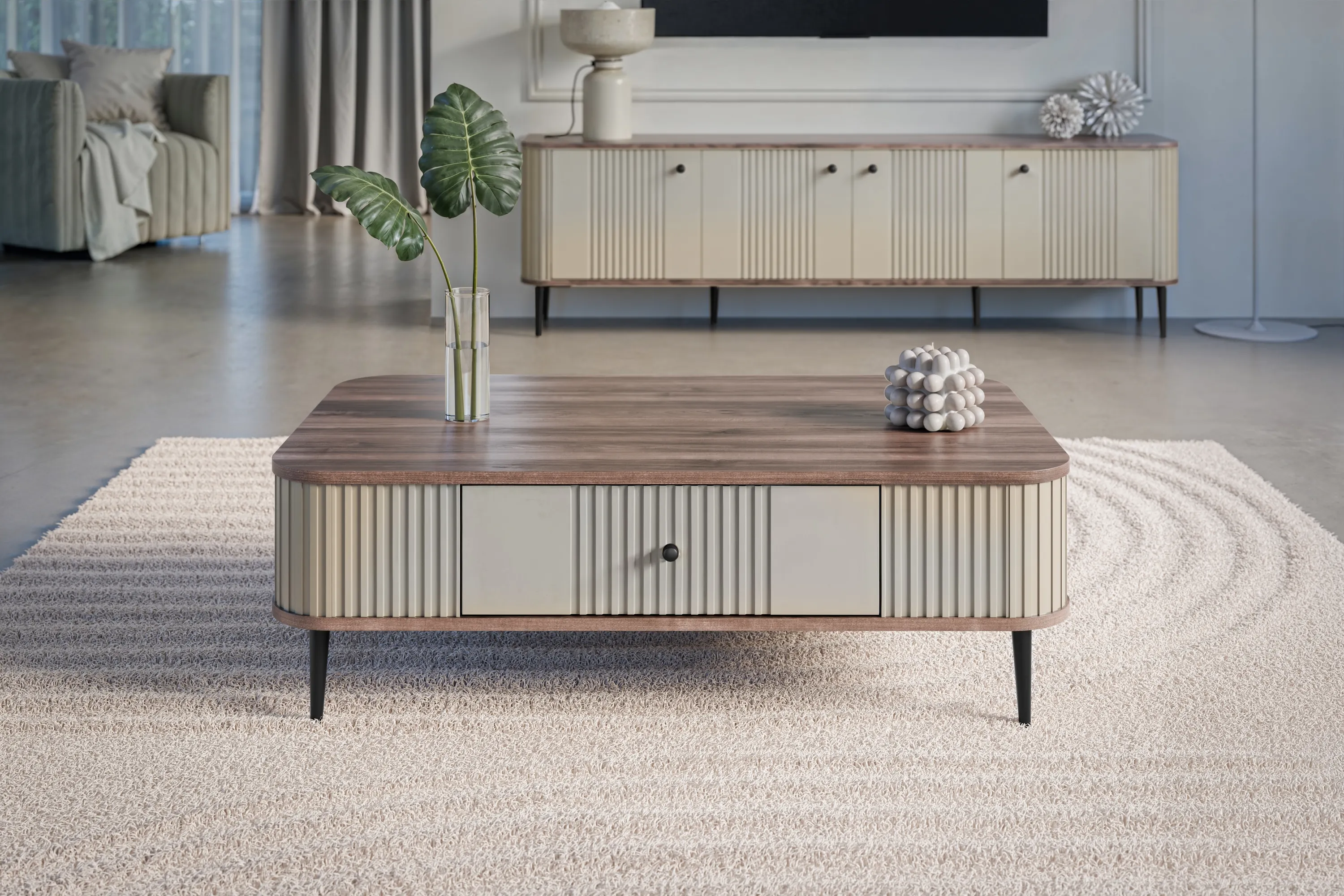 Stolik kawowy z szufladą VESPER 103 ryflowany front cashmere orzech czarne nogi - B_163809