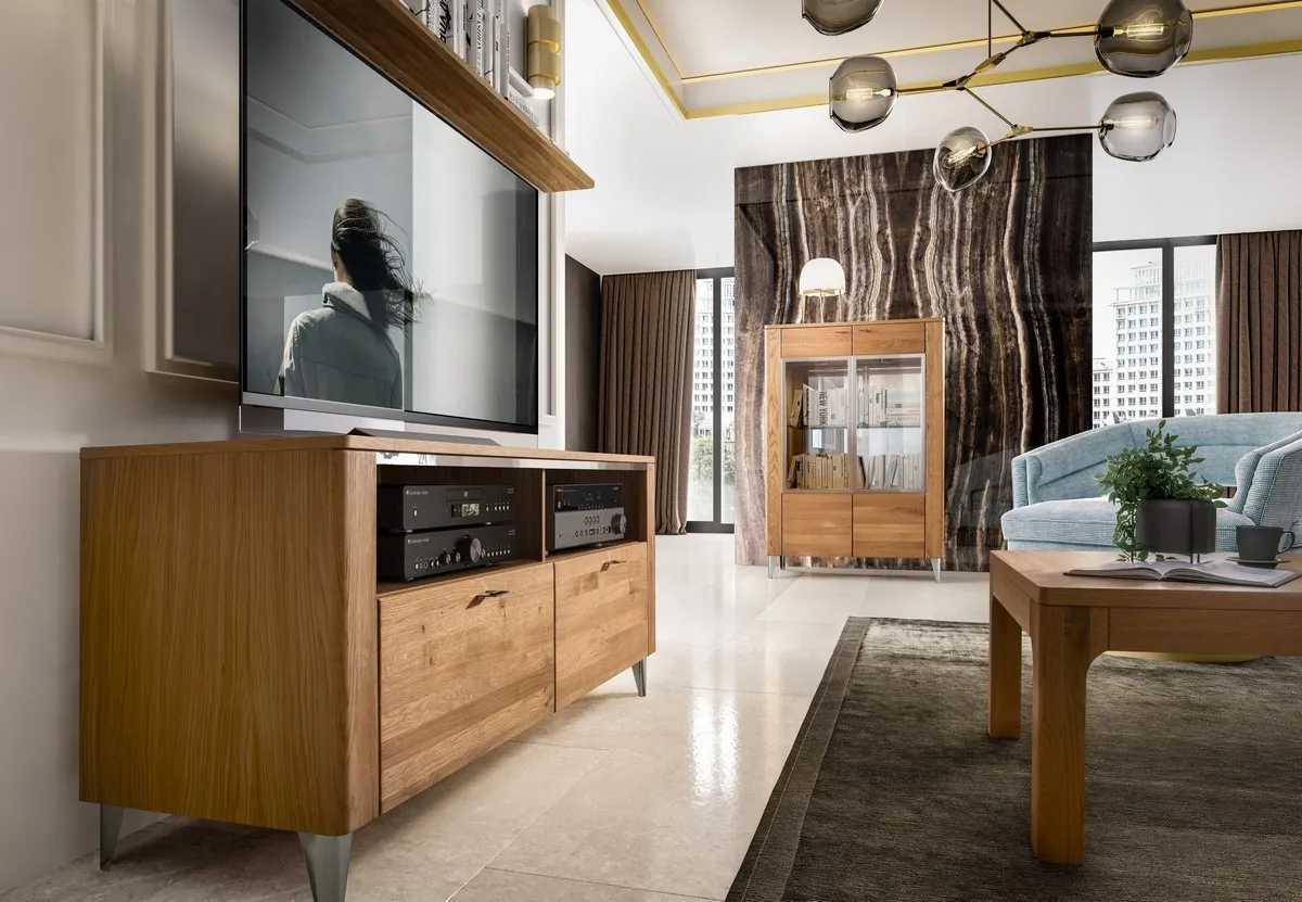 Szafka RTV LATINA 25 drewniana z szufladami - dąb miodowy 155x70x42cm - TH-100-1469