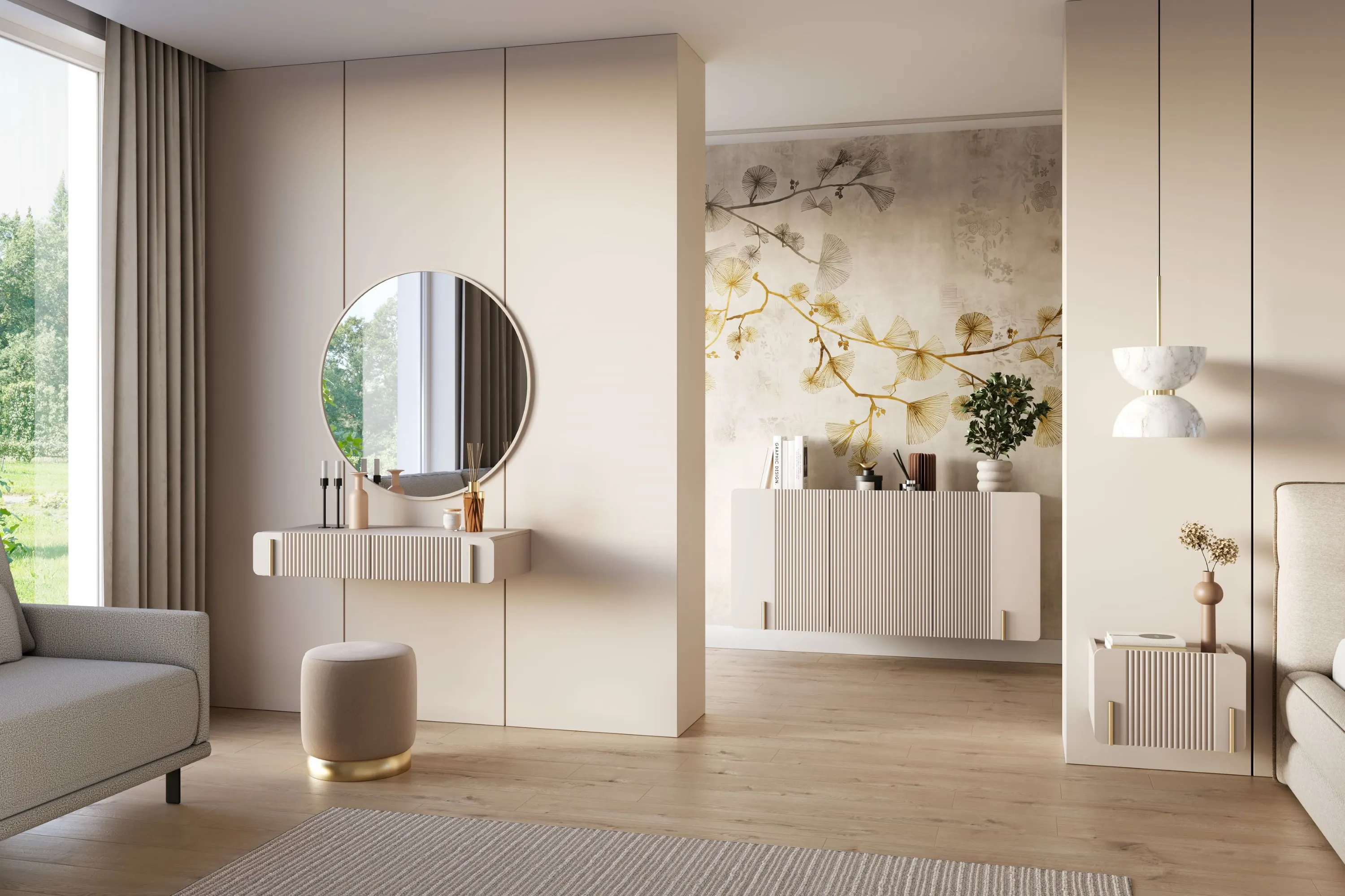 Toaletka wisząca z 2 szufladami MALMI ryflowany front 100cm - kaszmirowy - złoty - B_167010