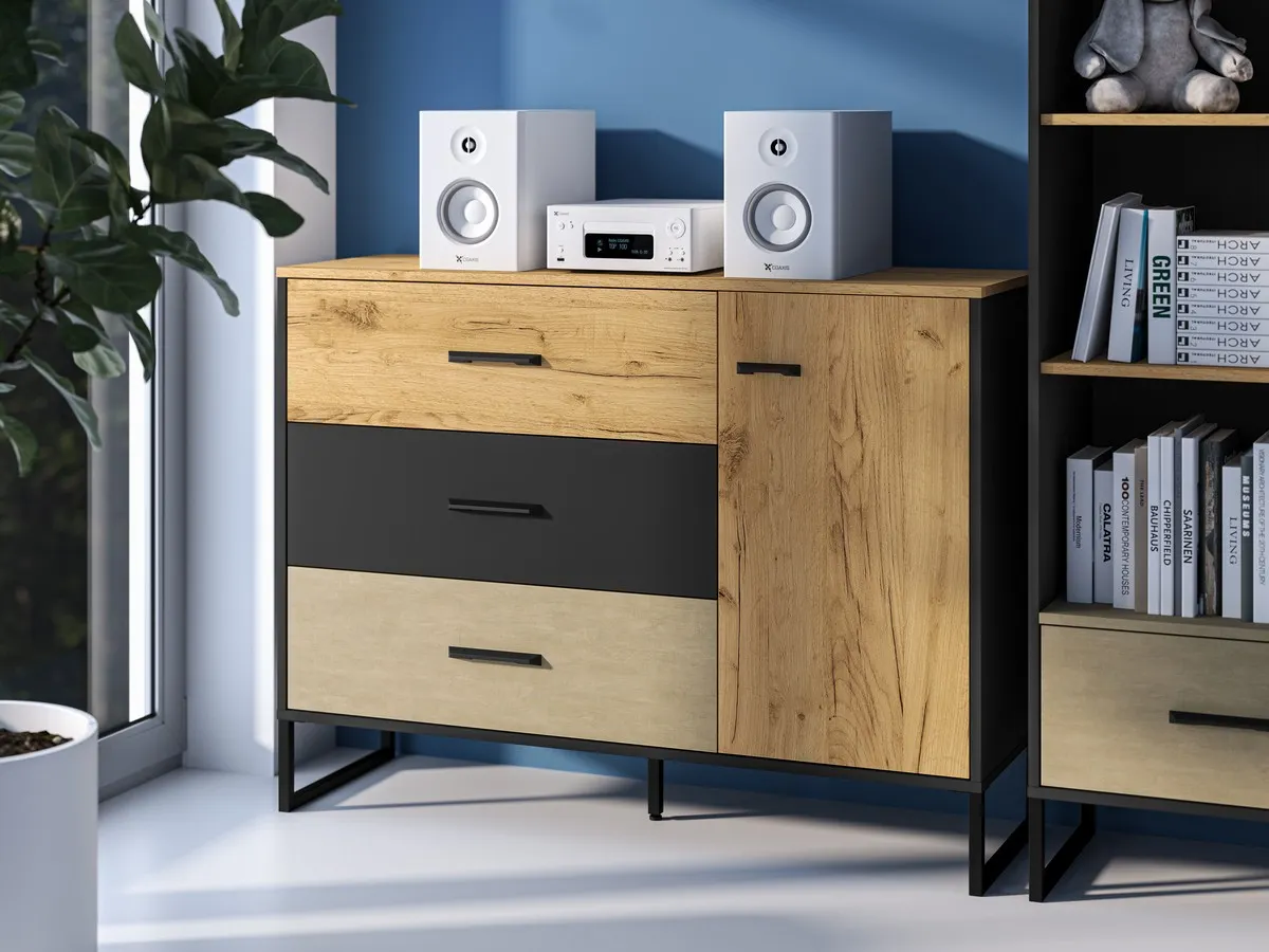 Komoda 1-drzwiowa z 3 szufladami Colt 06 dąb craft złoty, czarny, stal premium - 1COLT06-001