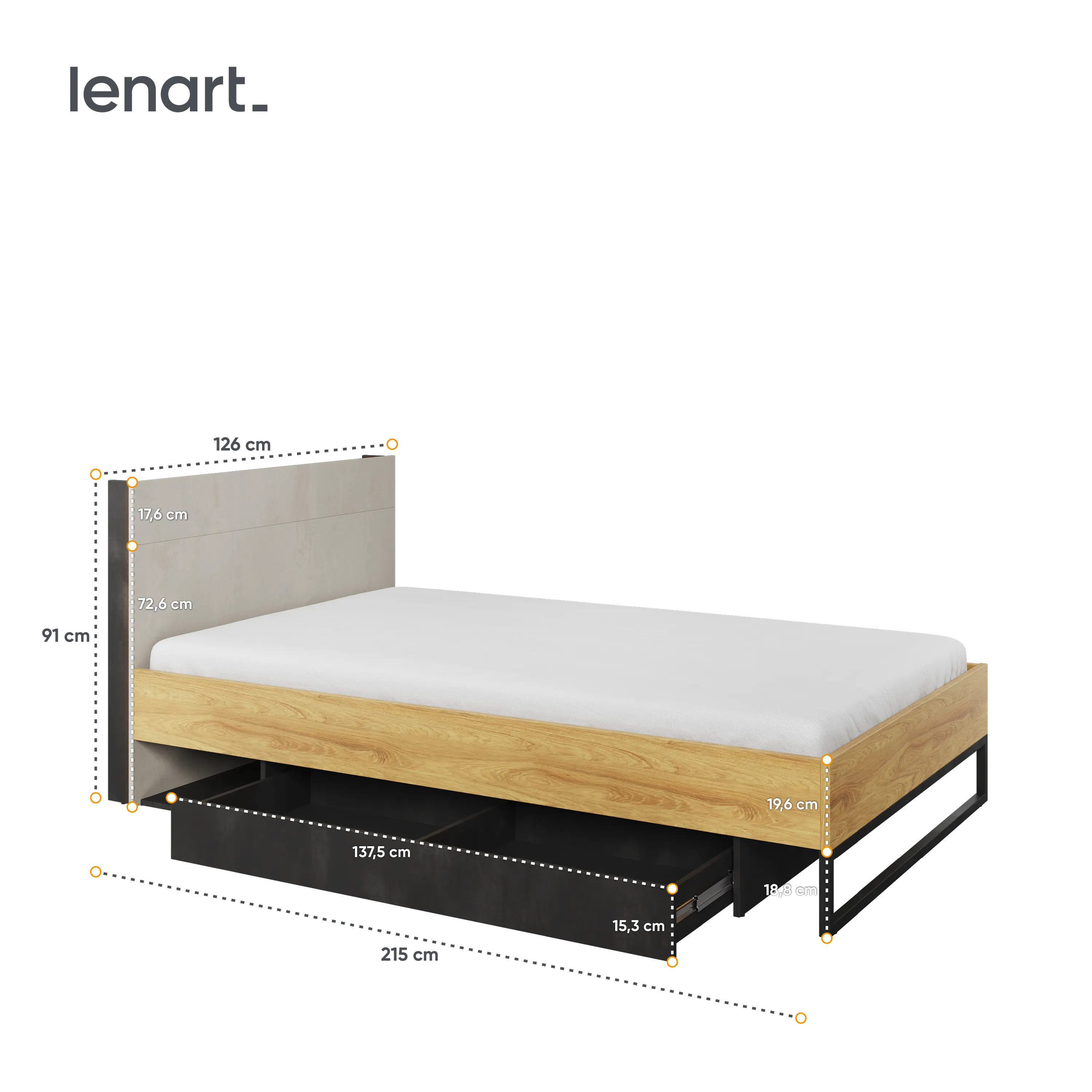 Łóżko ze stelażem Teen Flex TF-17 120x200 hikora naturalna/silk flou/surowa stal - TF17SFH