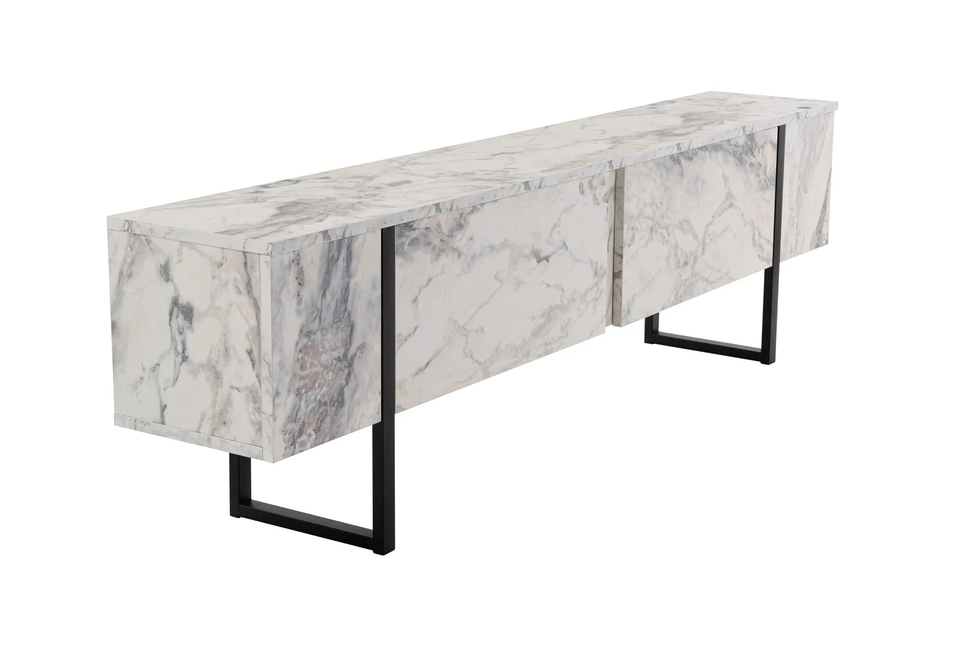 Szafka RTV 2-drzwiowa SERENITY 180 cm biała efekt marmuru/czarne nogi - ASI_241NRD1306