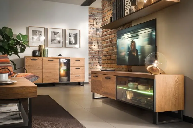 Szafka RTV 3-drzwiowa PRATTO 25 z przeszkleniem dąb rustical czarny 180x54x42cm - TH-100-1426