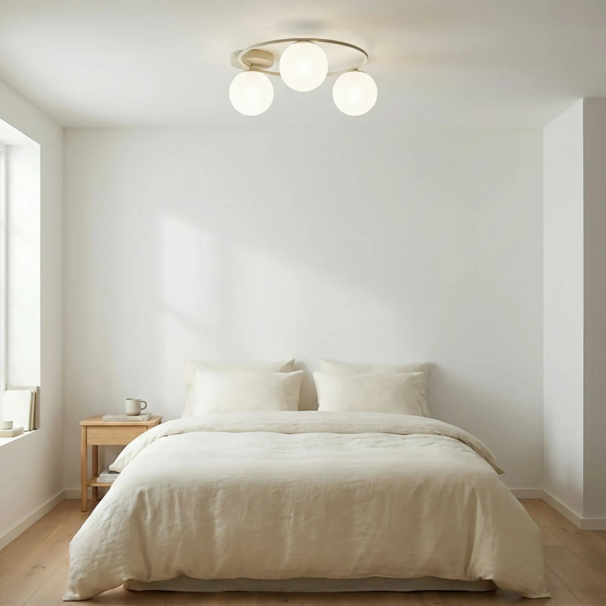 image łóżko, pościel, stolik nocny, lampy sufitowe, interiér minimalistyczny