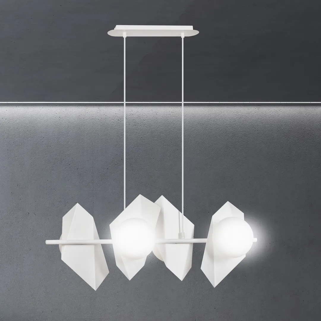 image lampa wisząca, pochodnia geometryczna, biała lampa wisząca, tło ciemne, trzy żarówki