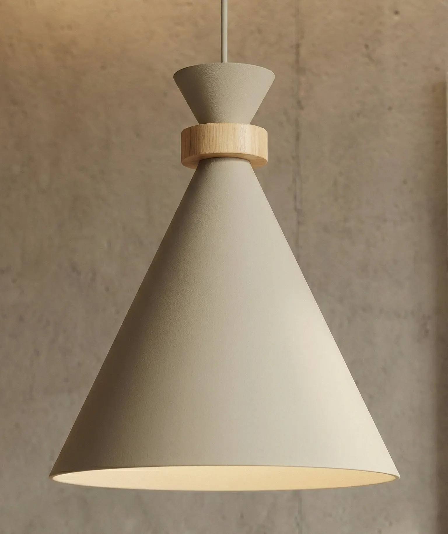 lampa wisząca, konstrukcja stożkowa, drewniana oprawa, kolor beżowy, metalowy przewód