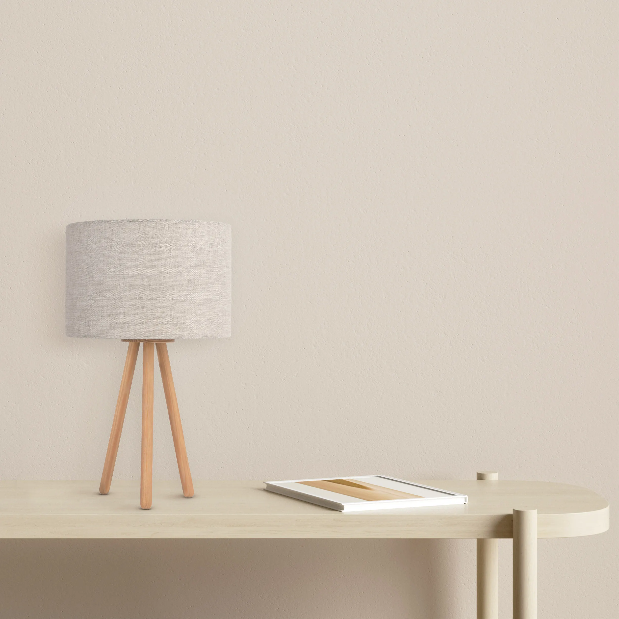 Lampka nocna TOKYO NATURE drewniana sosna postarzana okrągły brązowy abażur z tkaniny 46x30cm - TK_5291