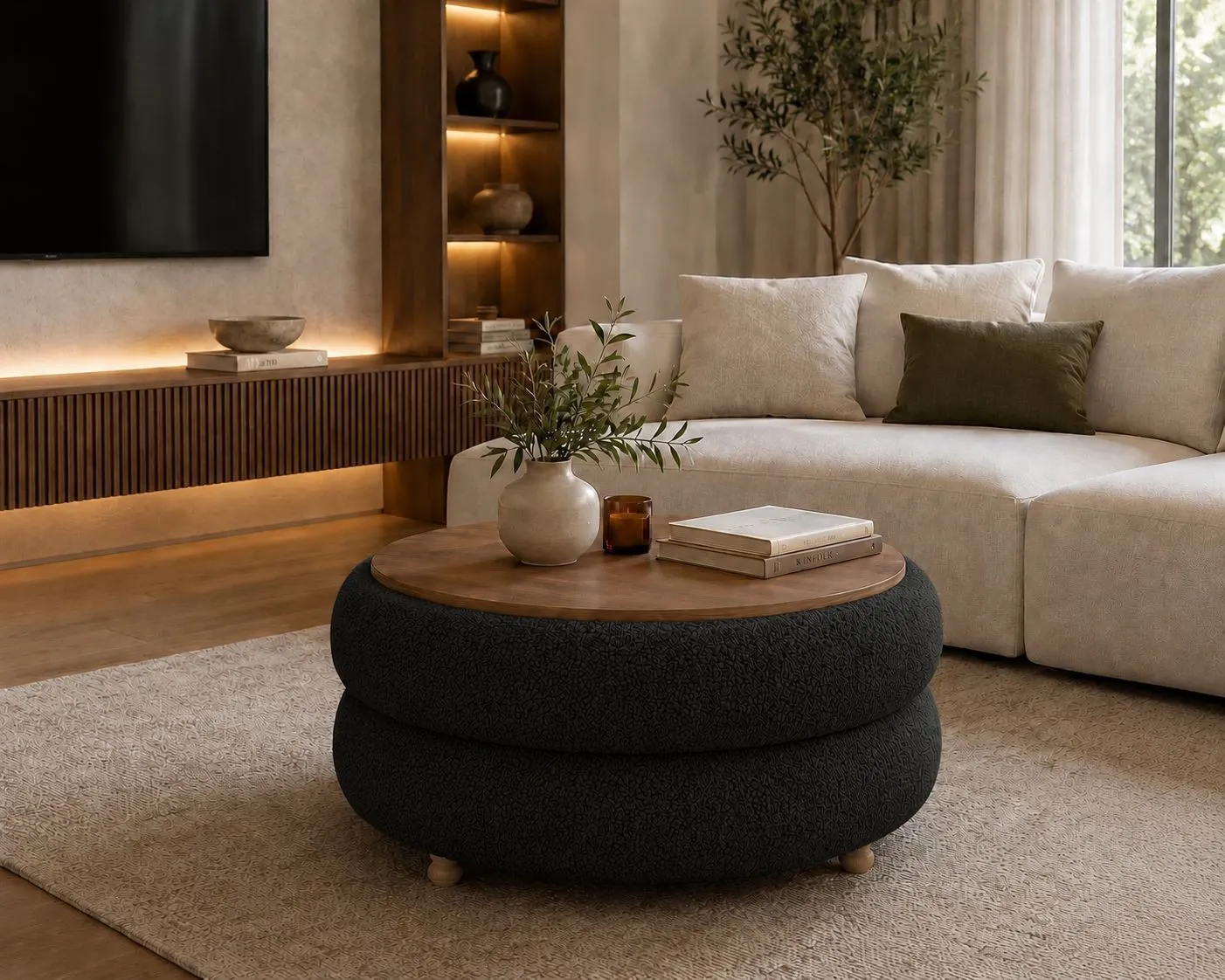 sofa, living room, coffee table, plant, pendant lamps