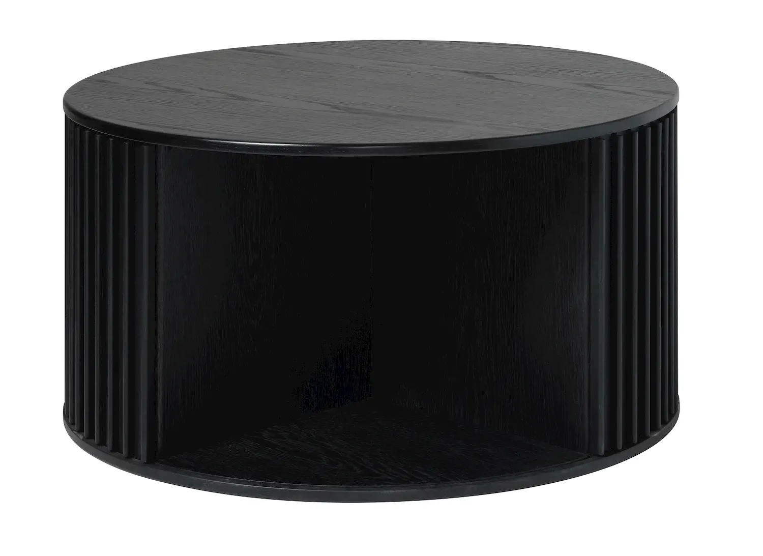 Stolik kawowy okrągły SIENA 85 cm z zasuwanymi półkami ryflowany czarny - UN_46124640