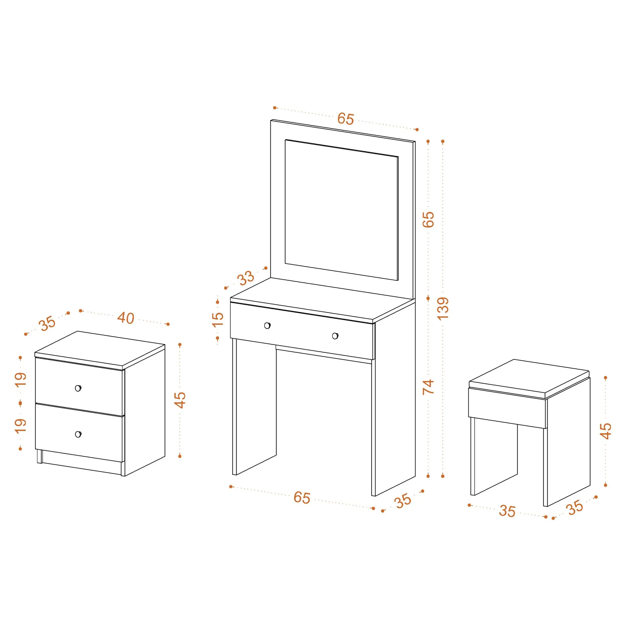 Zestaw mebli NICE toaletka z lustrem stołek i szafka kolor biały - ASI_746JUG4301