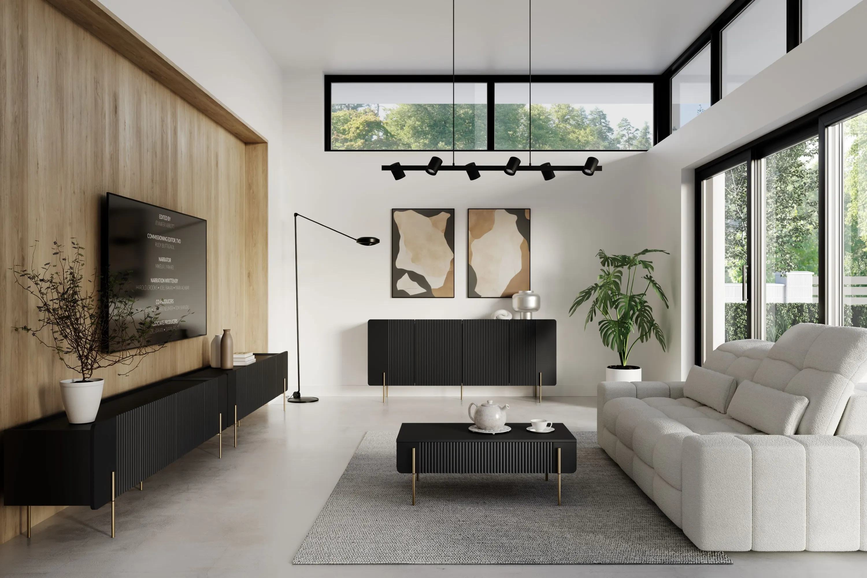 Stolik kawowy z 2 szufladami MALMI ryflowany front 60x100cm - czarny - złoty - B_166963