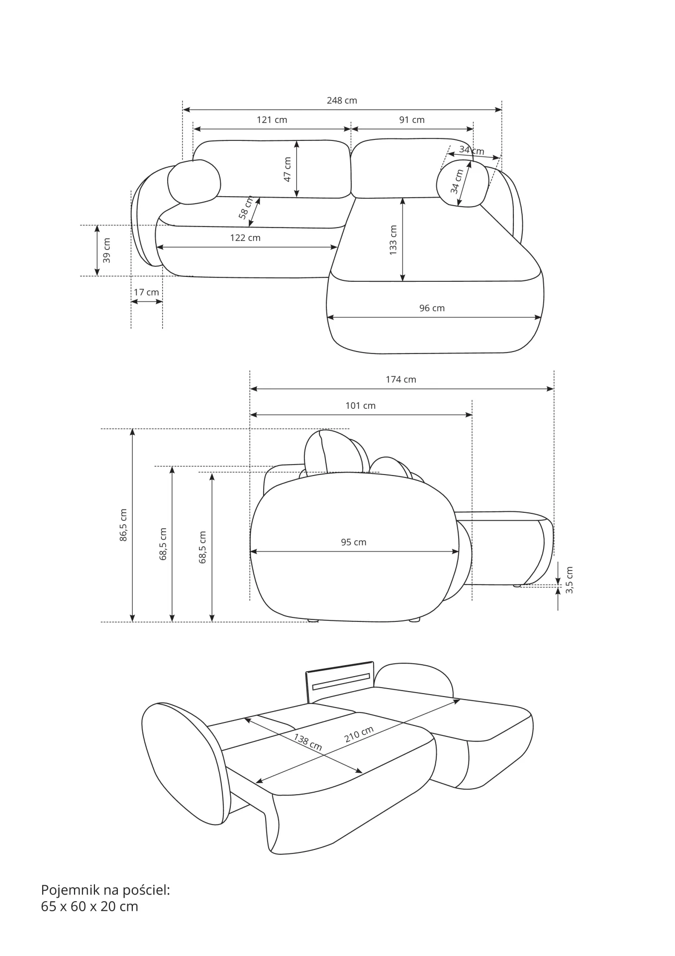 Narożnik rozkładany z pojemnikiem OLIO SICURIO 248 cm lewostronny ciemnoszary - OLIO_NAR_SICURIO75_L