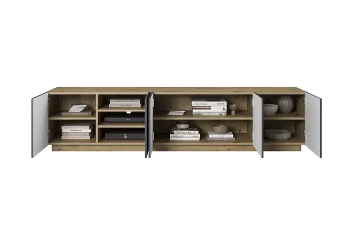 Szafka RTV ASHA 200 5D - szara - dąb - ryflowany front - cokół - B_52232