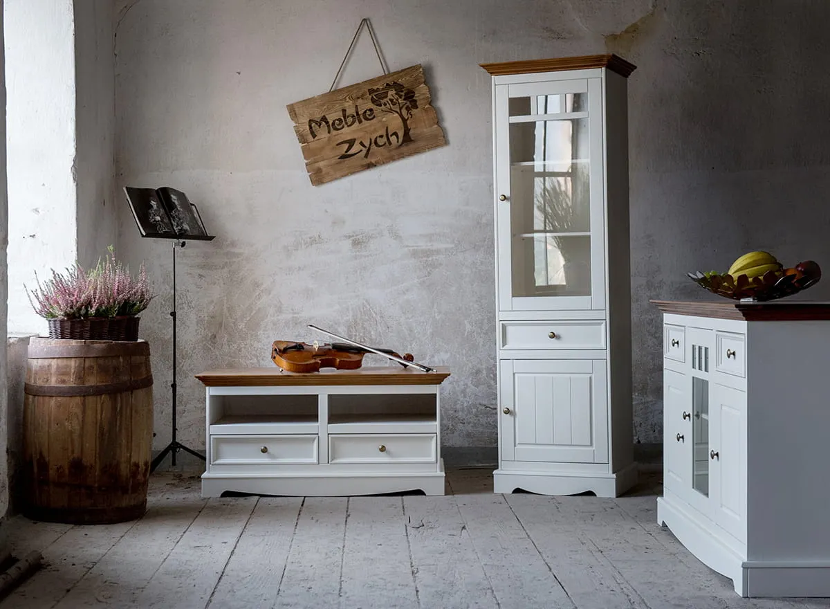 Witryna wąska BELLUNO ELEGANTE 2-drzwiowa z szufladą biała - dąb - PL014B/D